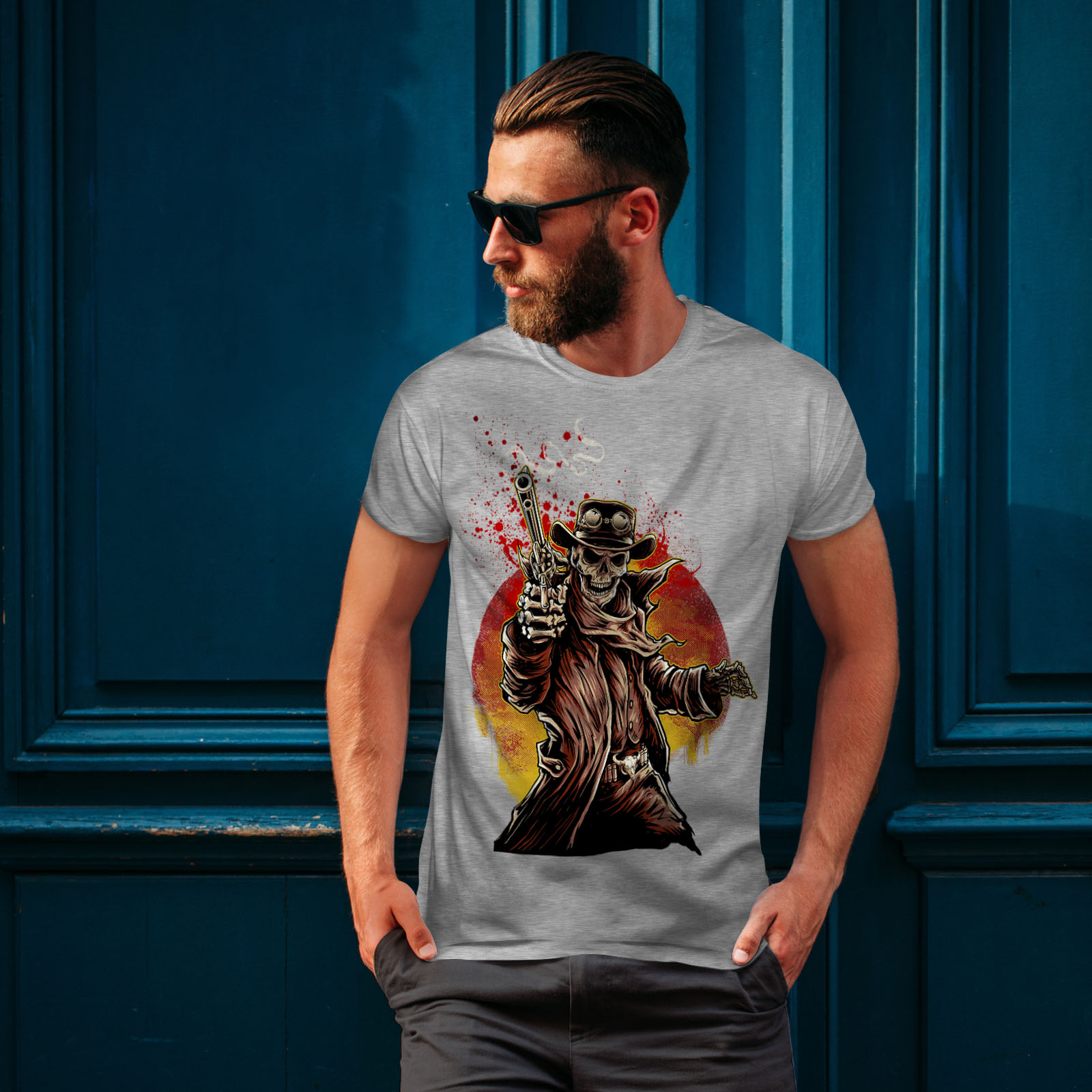 Gun Graphic Design Printed Tee Wellcoda Western Cowboy Cool Skull Mens T-shirt