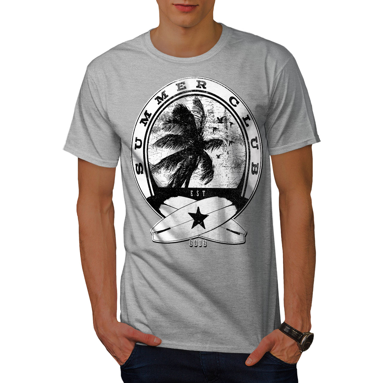 Wellcoda Summer Surf Waves USA Mens Long Sleeve T-shirt Palm Graphic Design 