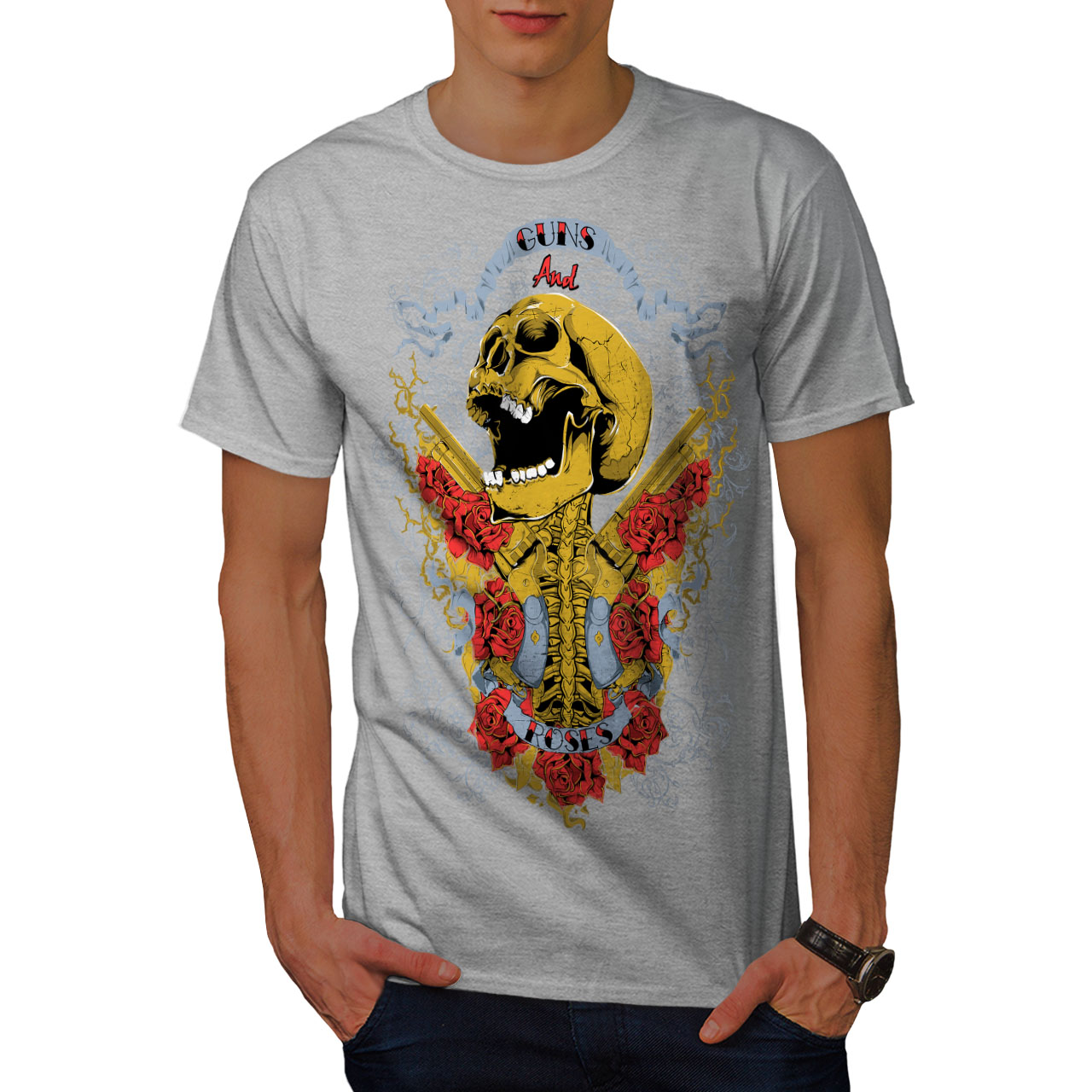 Wellcoda Guns And Roses Skull Womens V-Neck T-shirt Music Graphic Design Tee 
