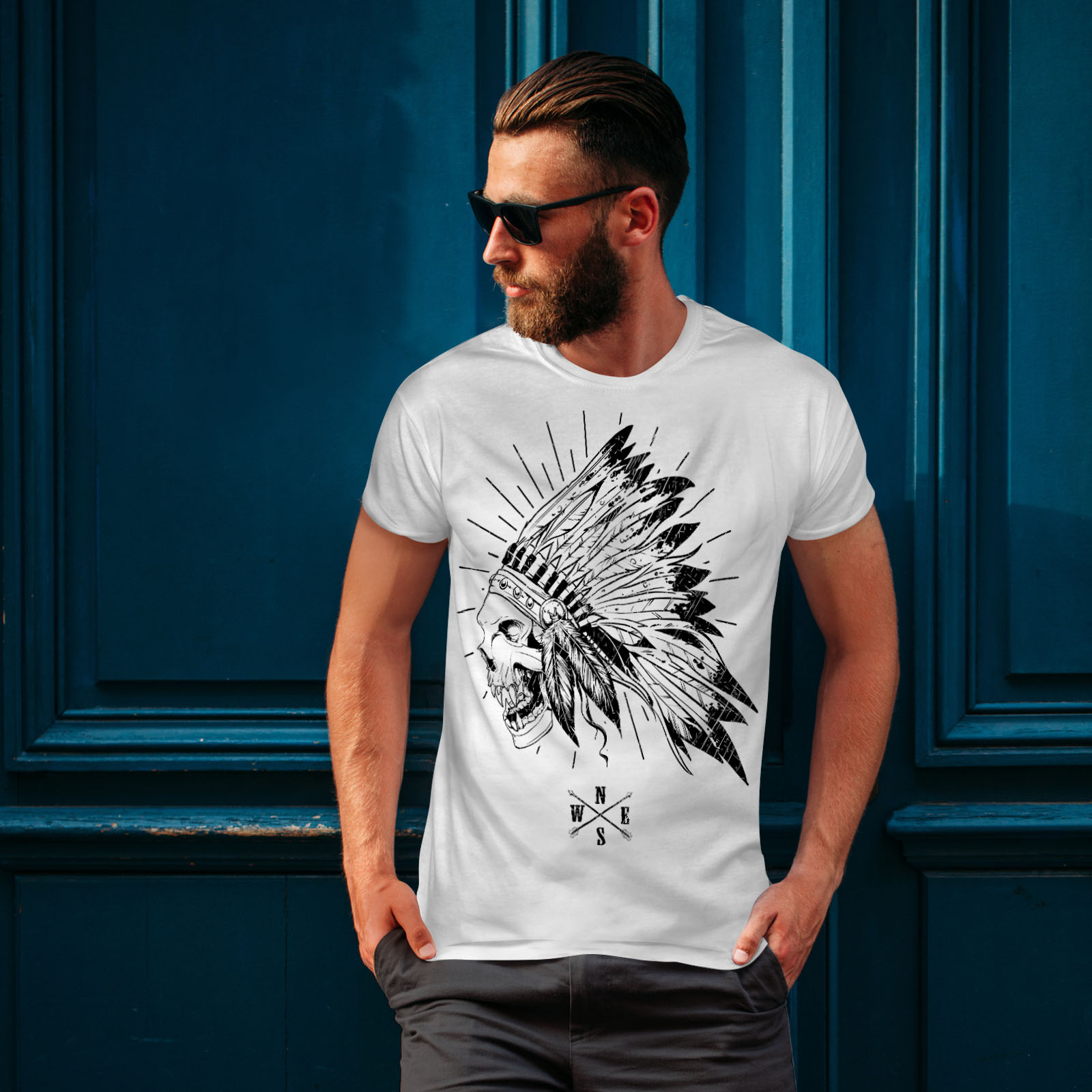 Wellcoda Apache Skull Head Fantasy Mens Long Sleeve T-shirt USA Graphic Design 
