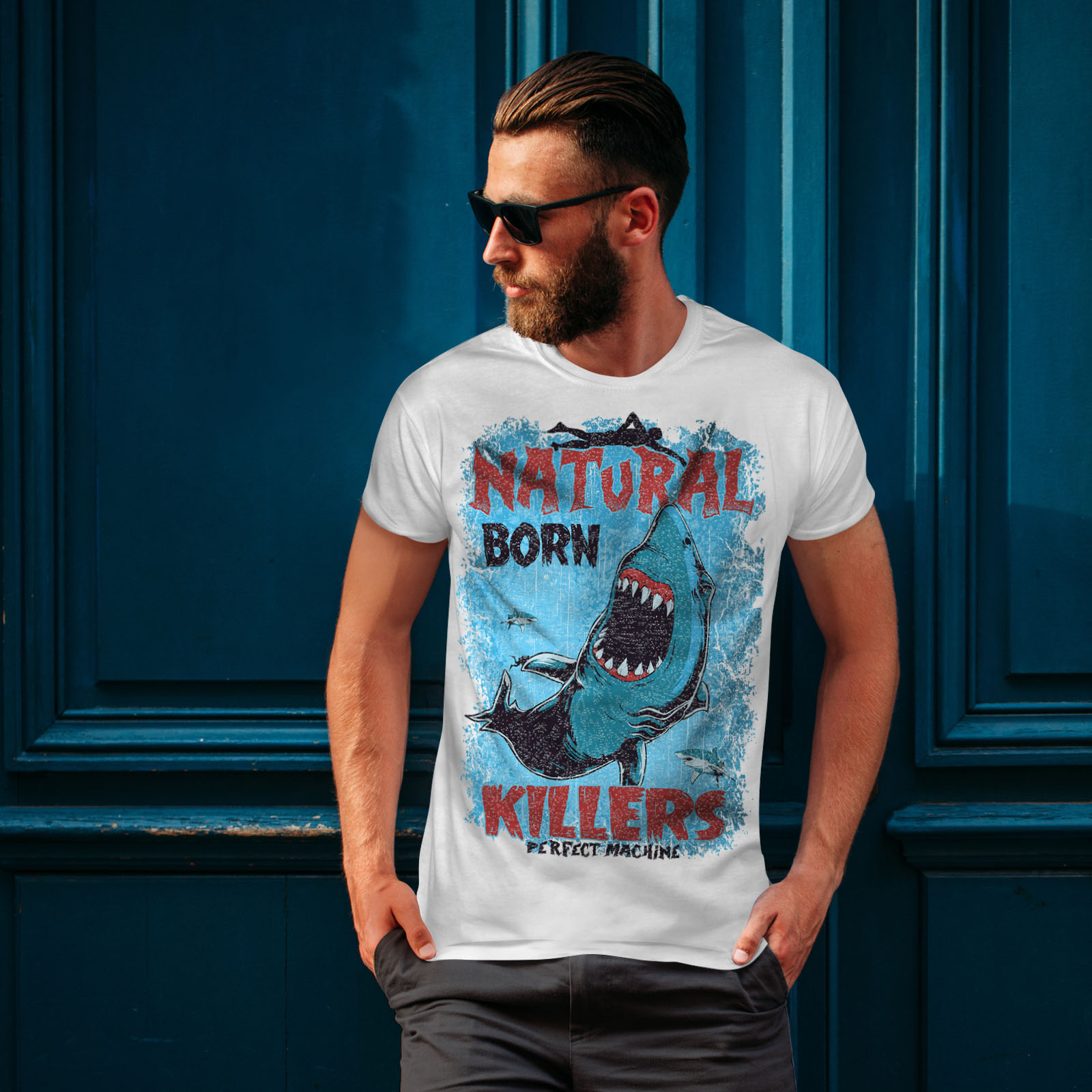 Wellcoda Born Killer Shark Mens T-shirt, Shark Graphic Design Printed ...