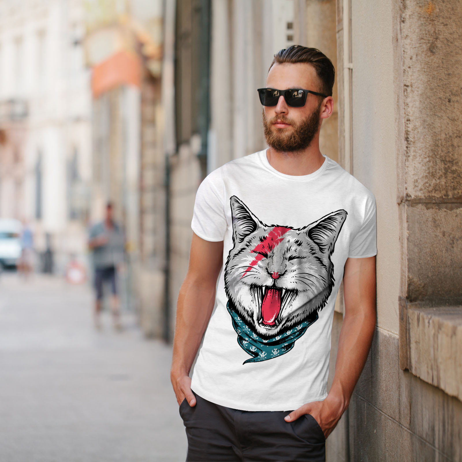 Wellcoda Aviator Fashion Cool Cat Mens Long Sleeve T-shirt Graphic Design 