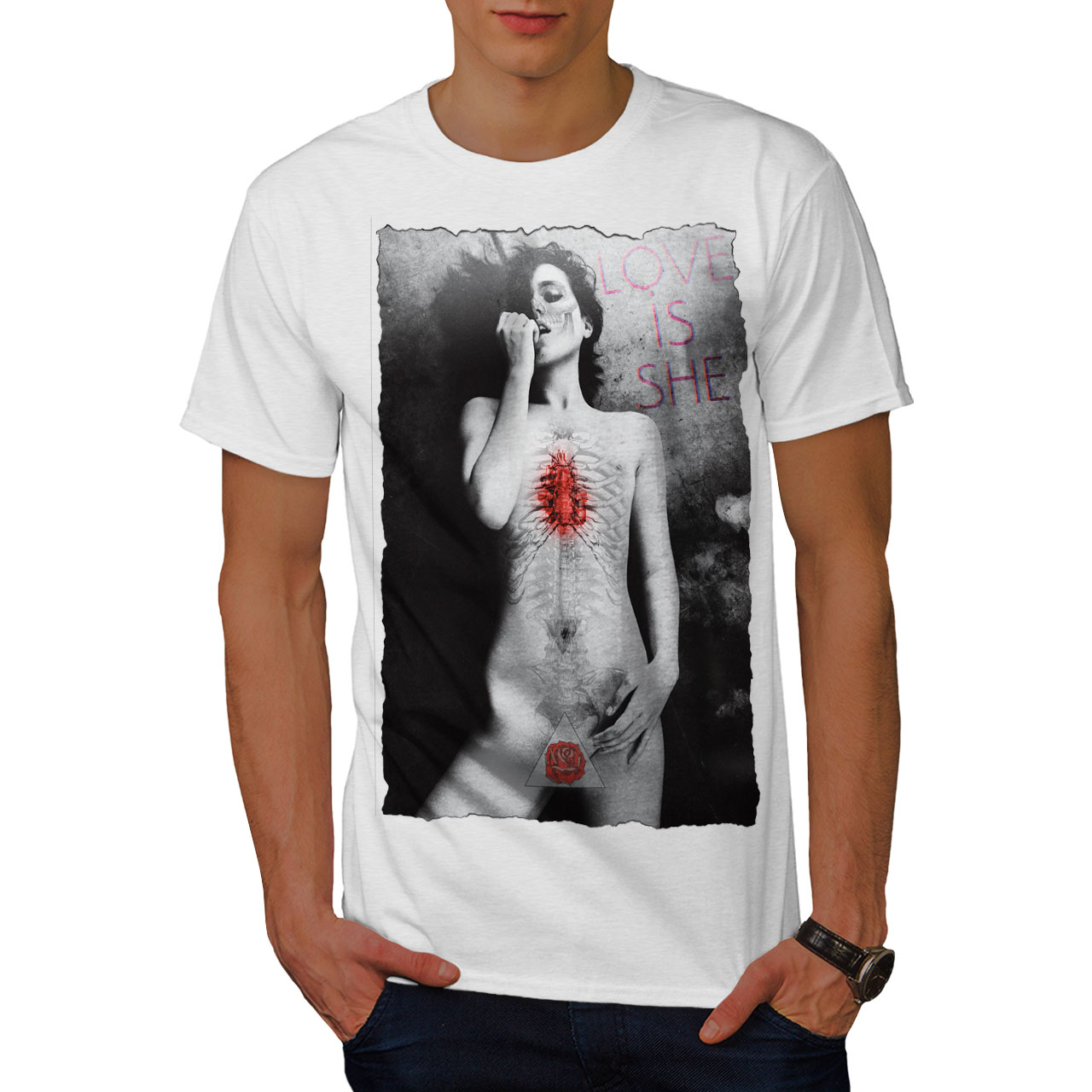 Wellcoda Girl Nude Love She Sexy Mens T-shirt, Naked Graphic Design Printed  Tee