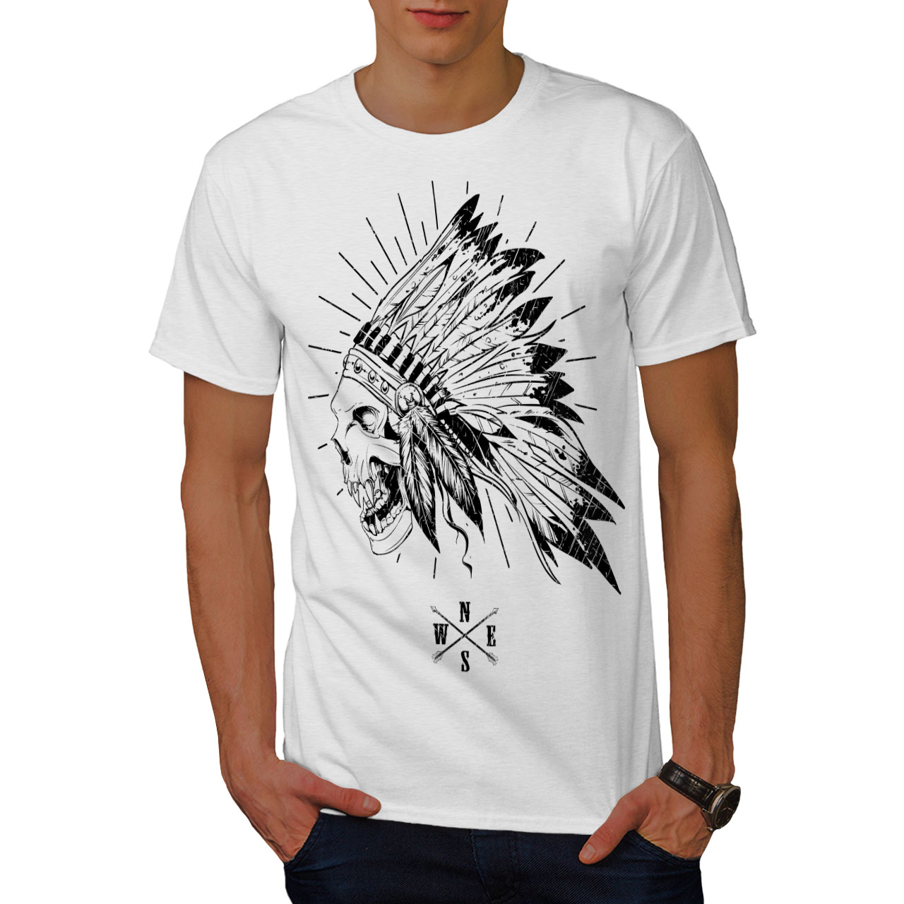 Wellcoda Apache Skull Head Fantasy Mens Long Sleeve T-shirt USA Graphic Design 