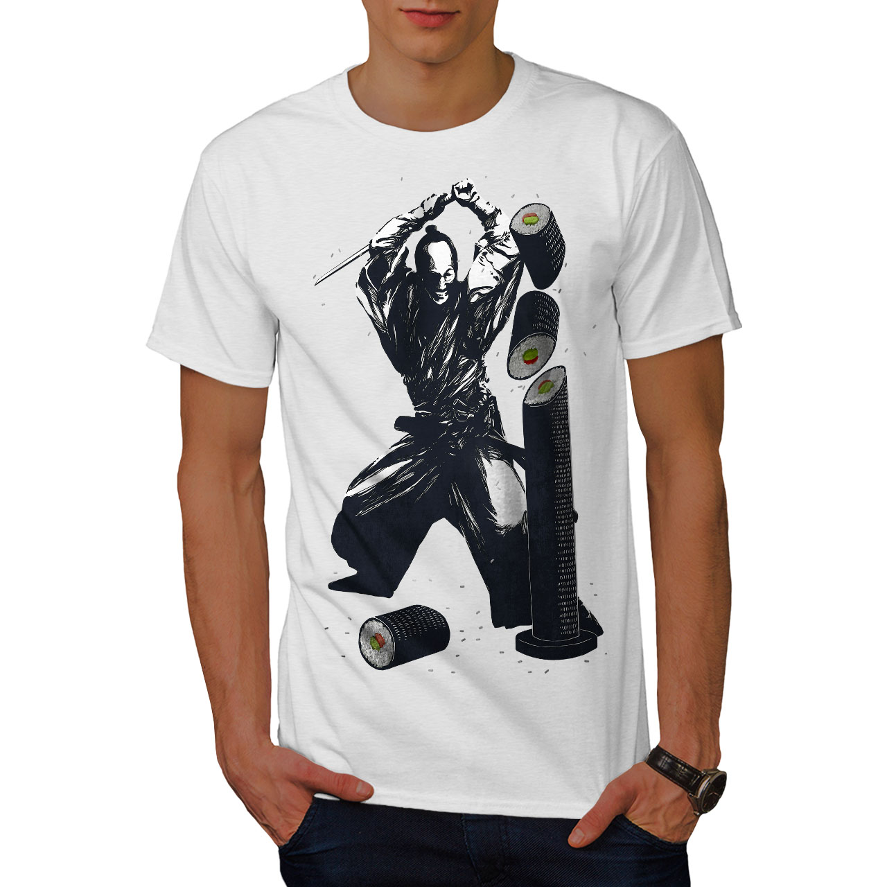 Fast Graphic Design Printed Tee Wellcoda Sushi Katana Fight Mens T-shirt