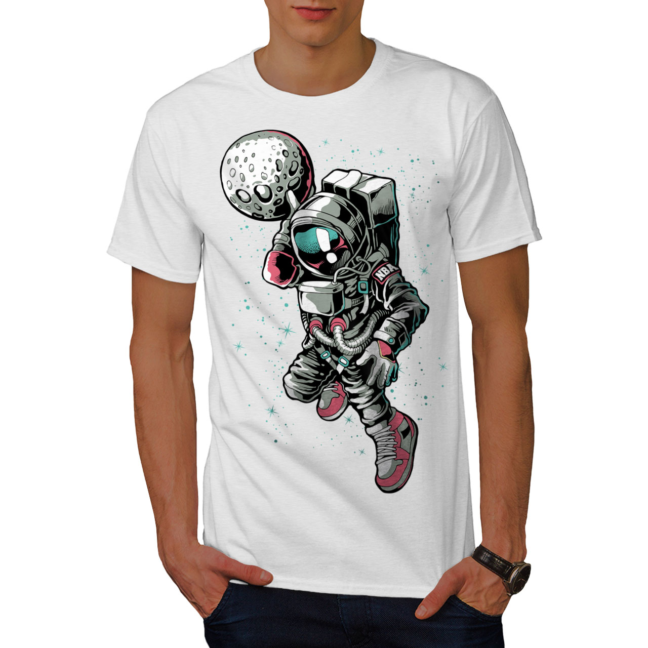 Wellcoda Astronaut Play Mens T-shirt, Basketball Graphic Design Printed ...