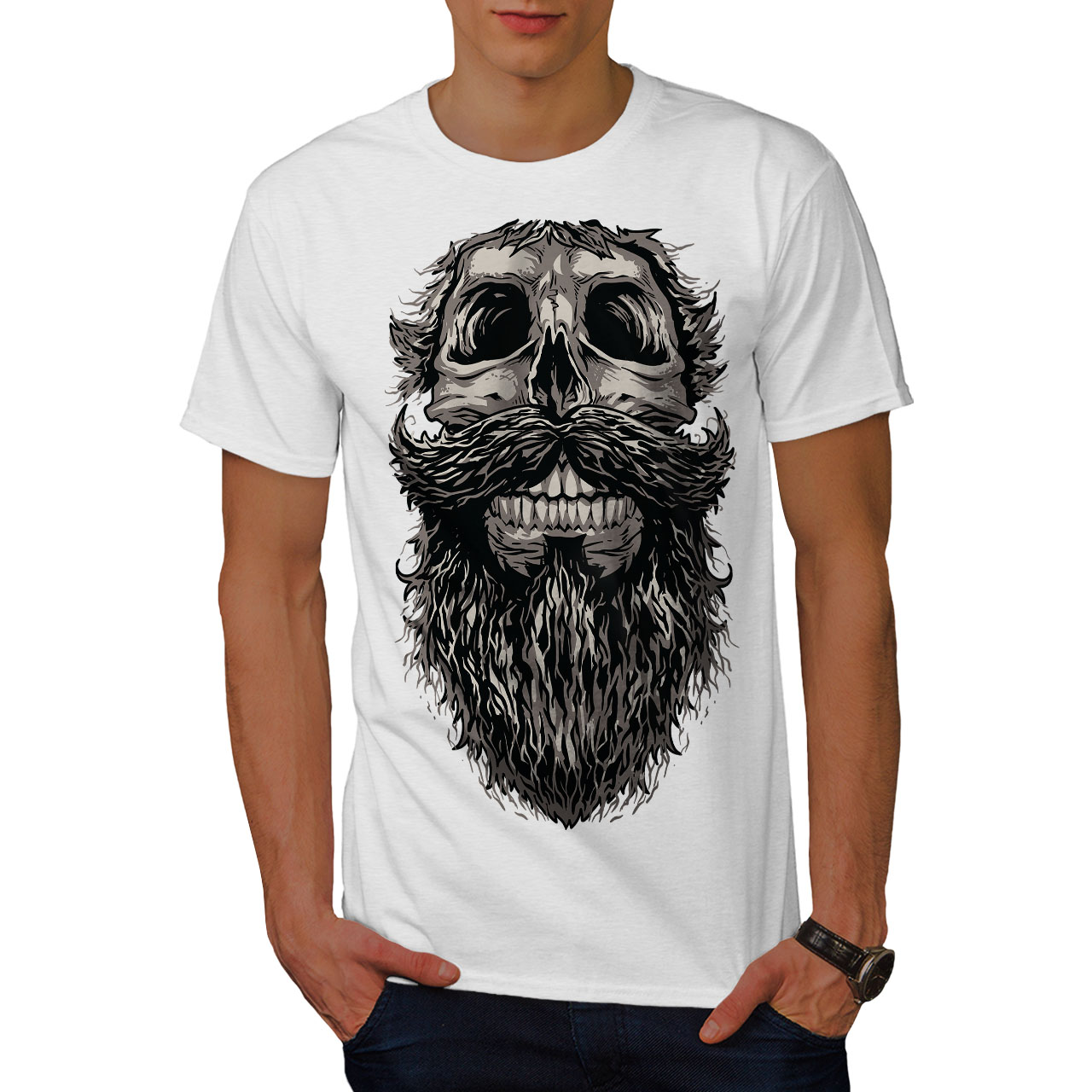 Wellcoda Smoke Beard Skull Mens T-shirt Fresh Graphic Design Printed Tee