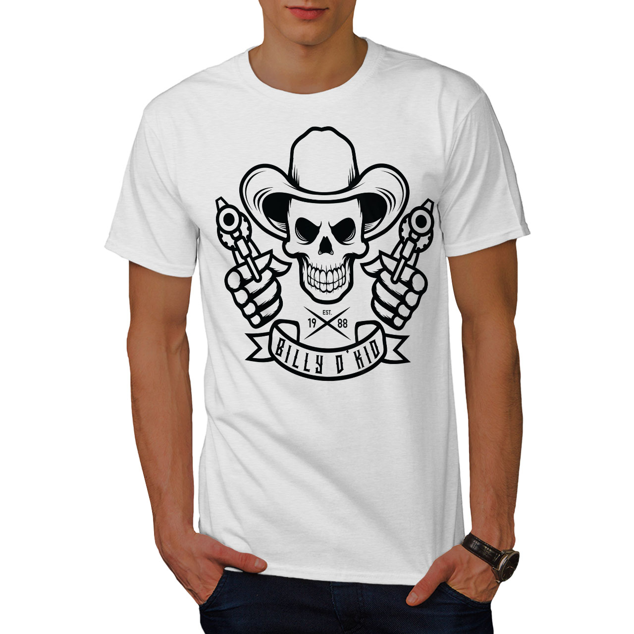 Wellcoda Western Cowboy Mens T-shirt, Skull Guns Graphic Design Printed ...