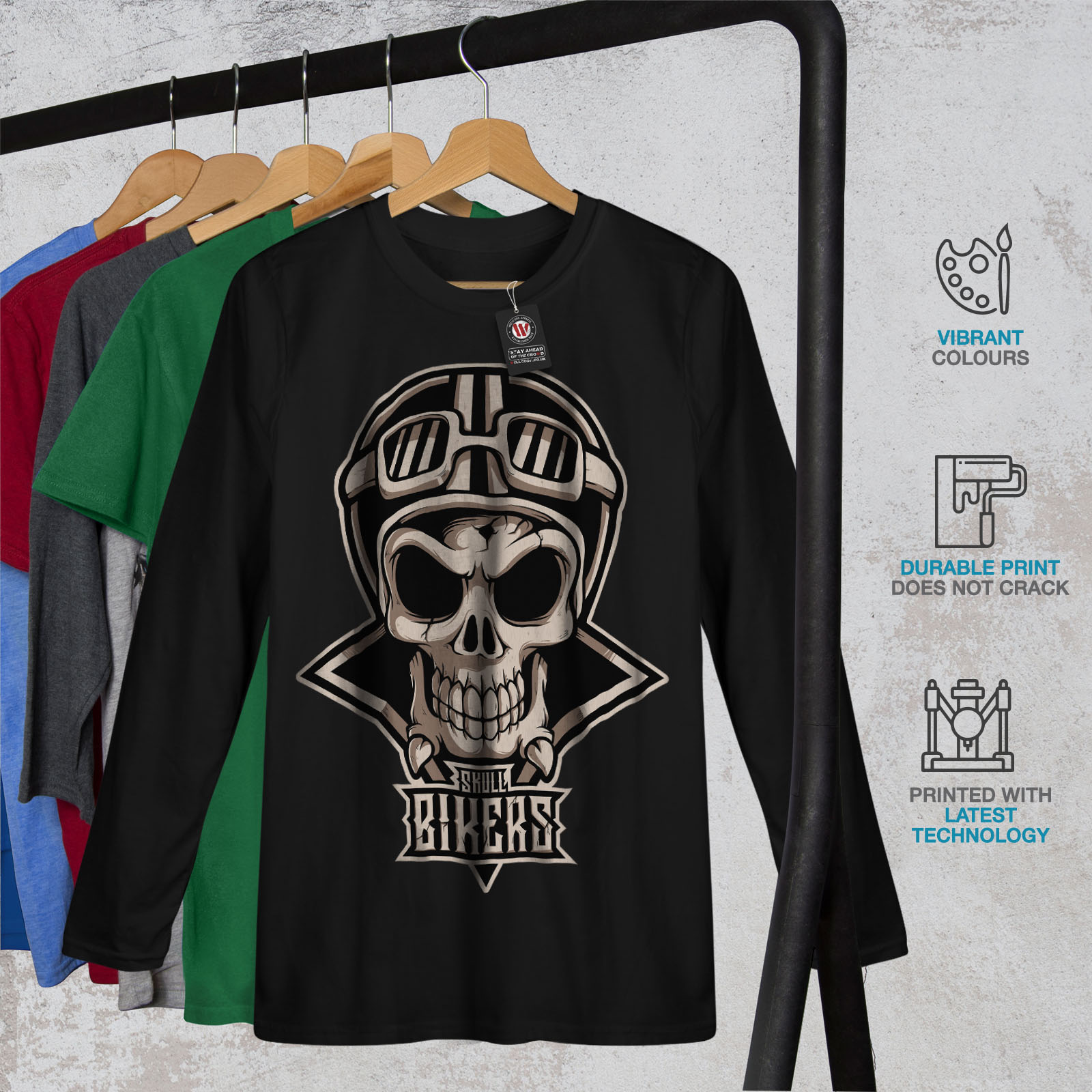 Wellcoda Biker Skull Family Mens Long Sleeve T-shirt Patriot Graphic Design 