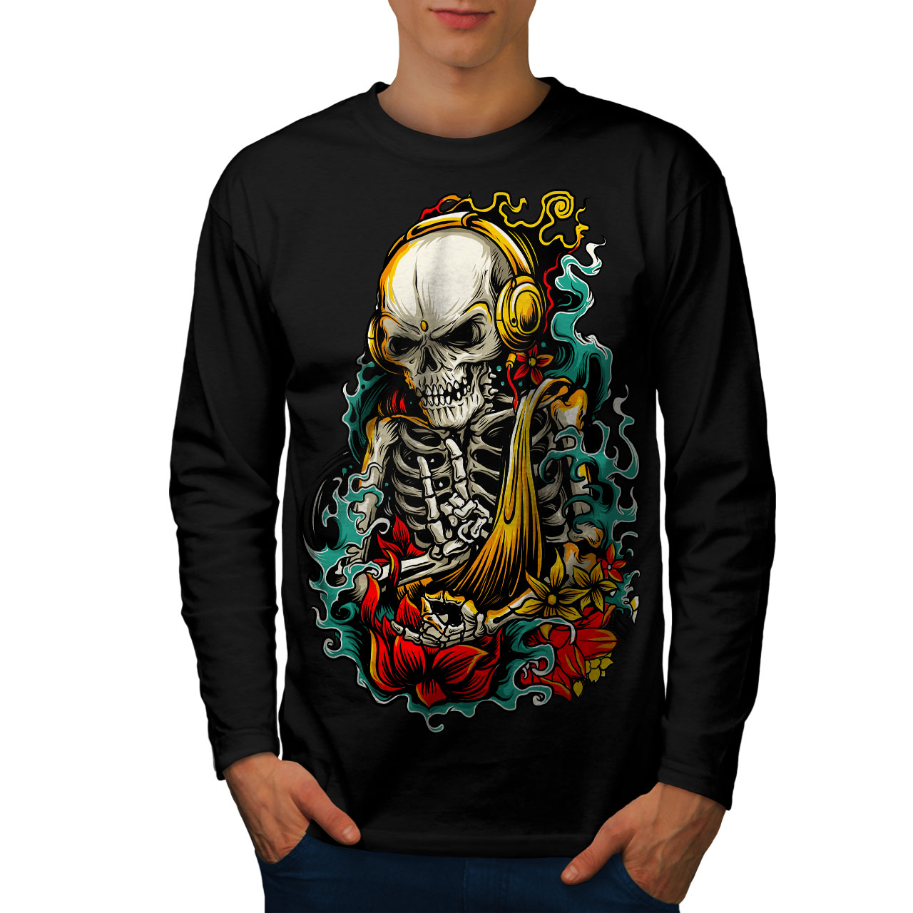 Wellcoda Skeleton Hand Rock Skull Mens Long Sleeve T shirt Wellcoda Skeleton Hand Rock Skull Mens Long Sleeve T shirt
