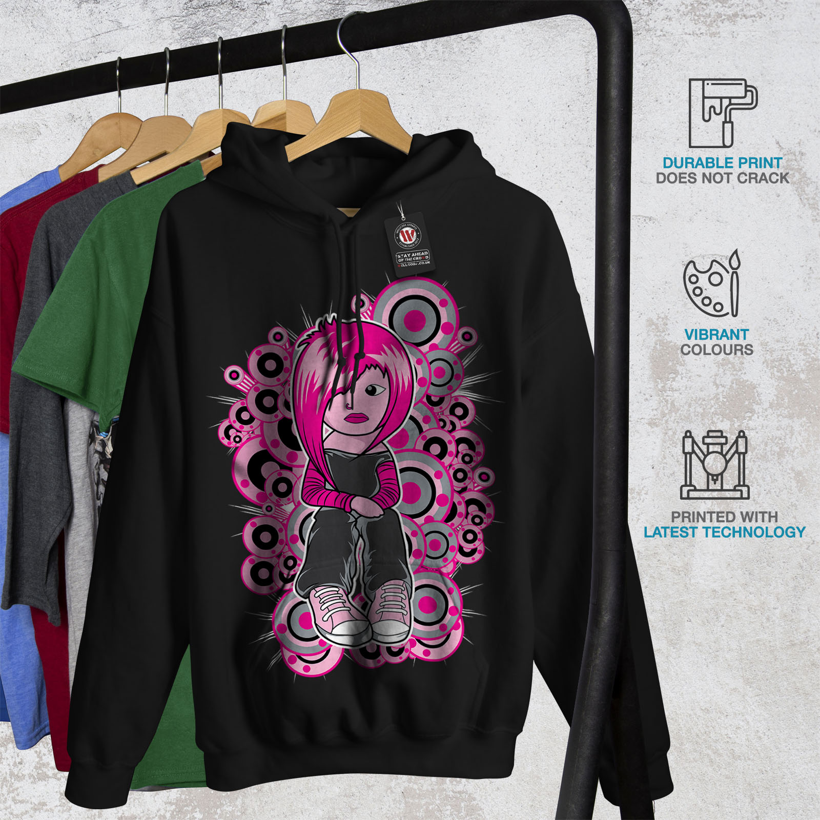 Wellcoda Cute Emo Girl Cool Music Womens Hoodie, Emo Casual Hooded