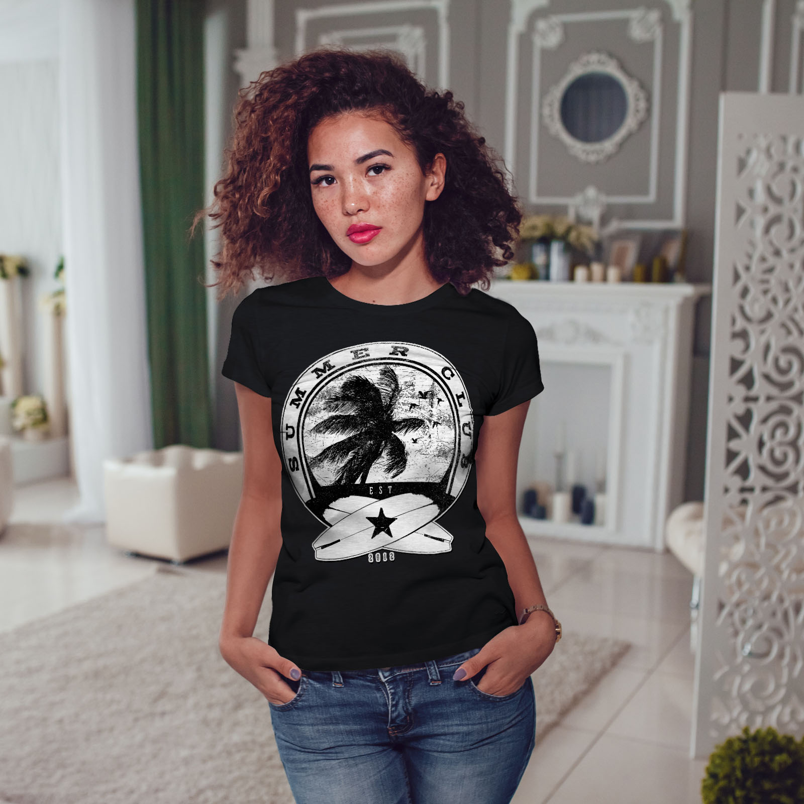 Wellcoda Summer Surf Waves USA Womens Tshirt, Palm Casual Design