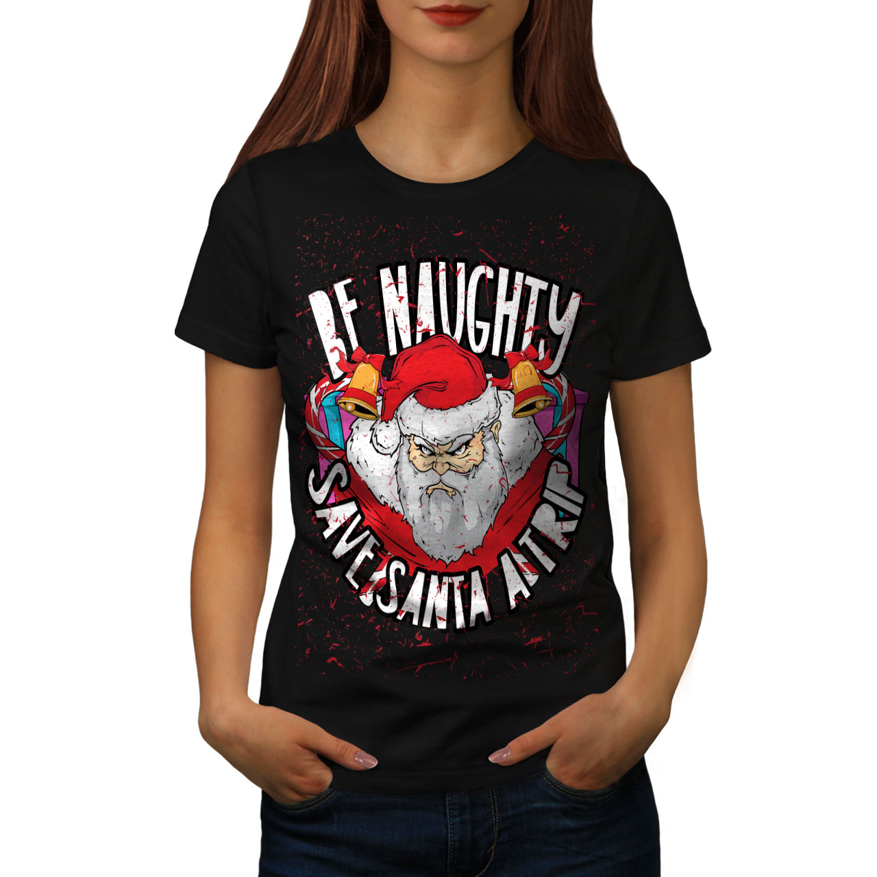 Wellcoda Naughty Santa Christmas Womens T Shirt Casual Design Printed Tee Ebay