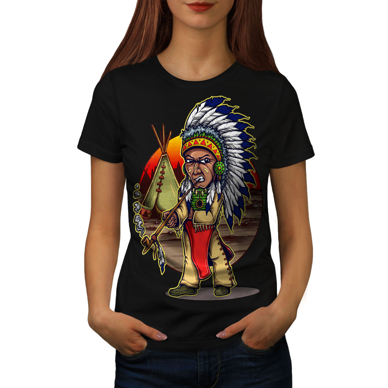 Wellcoda Native Indian Man Womens T-shirt, Cartoon Casual Design Printed Tee  | eBay
