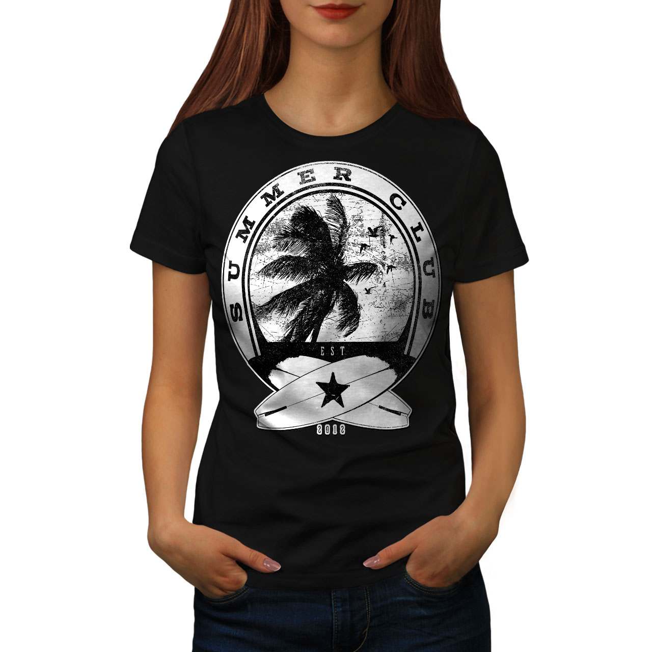 Wellcoda Summer Surf Waves USA Womens Tshirt, Palm Casual Design Printed Tee eBay