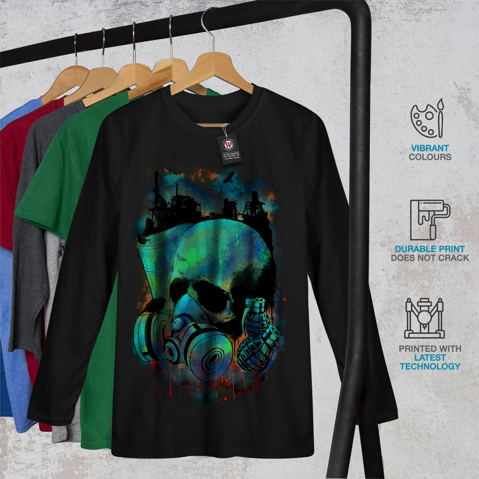 SKULL Rose Raven ART Uomini Manica Lunga T-shirt Nuovewellcoda