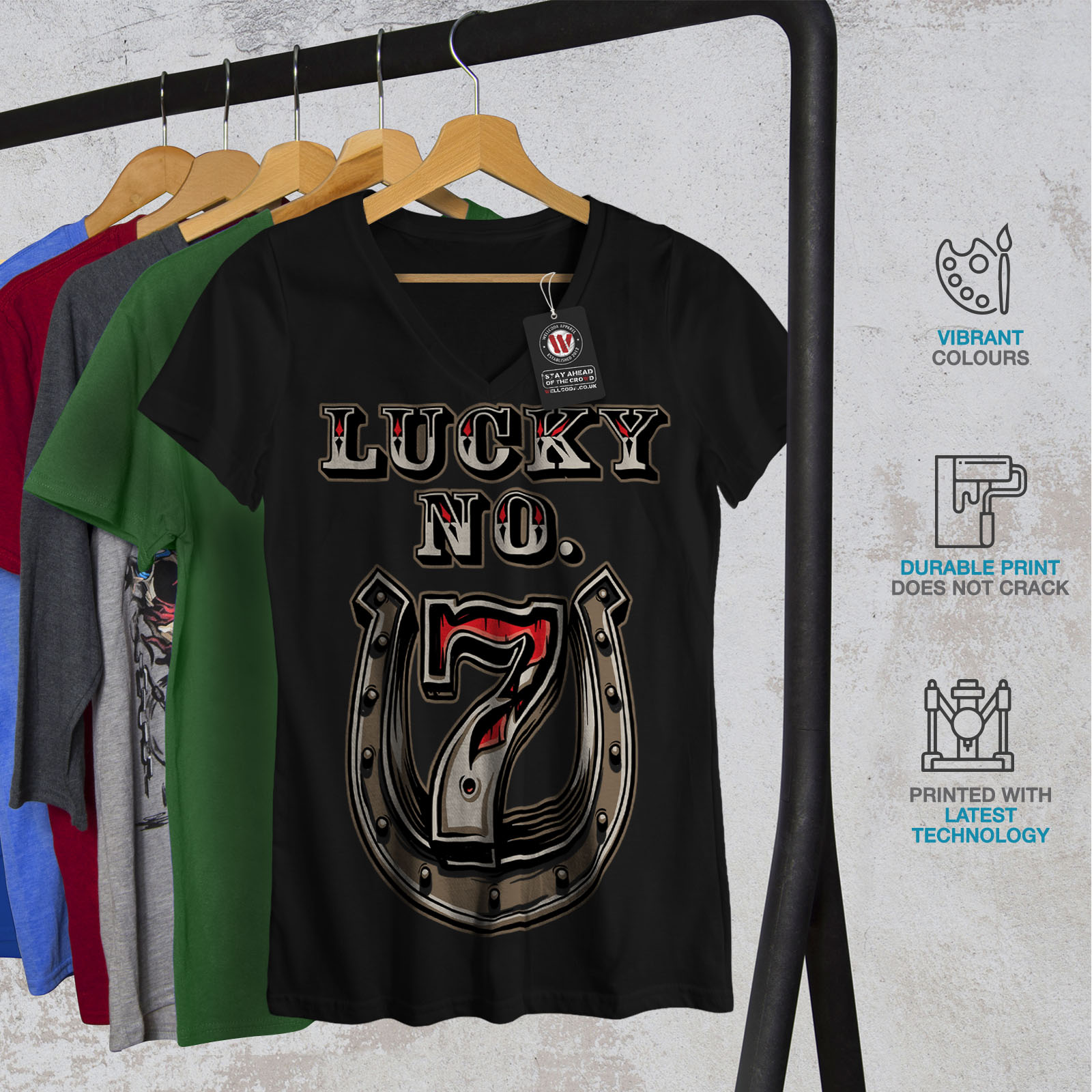 Wellcoda Lucky Number Seven Womens V-Neck T-shirt, Horse Graphic Design Tee