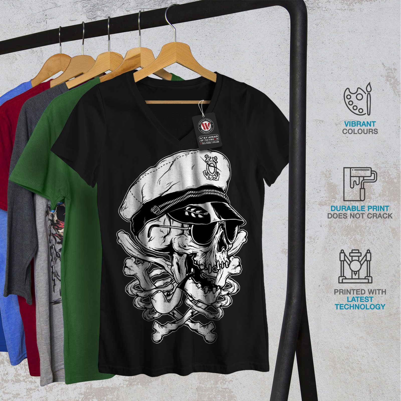 Wellcoda Pirate Swag Head Skull Womens V-Neck T-shirt, Skull Graphic ...
