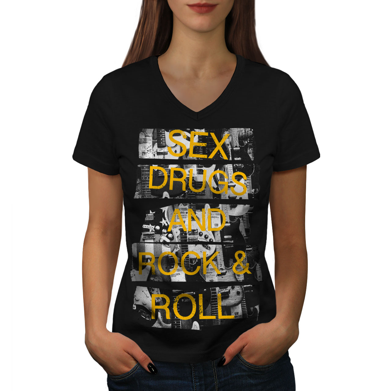 Wellcoda Sex Drugs Rock Roll Womens V Neck T Shirt Free Graphic Design Tee Ebay