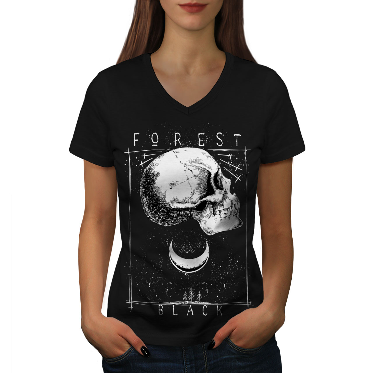 Night Casual Design Printed Tee Wellcoda Forest Black Skull Womens T-shirt 