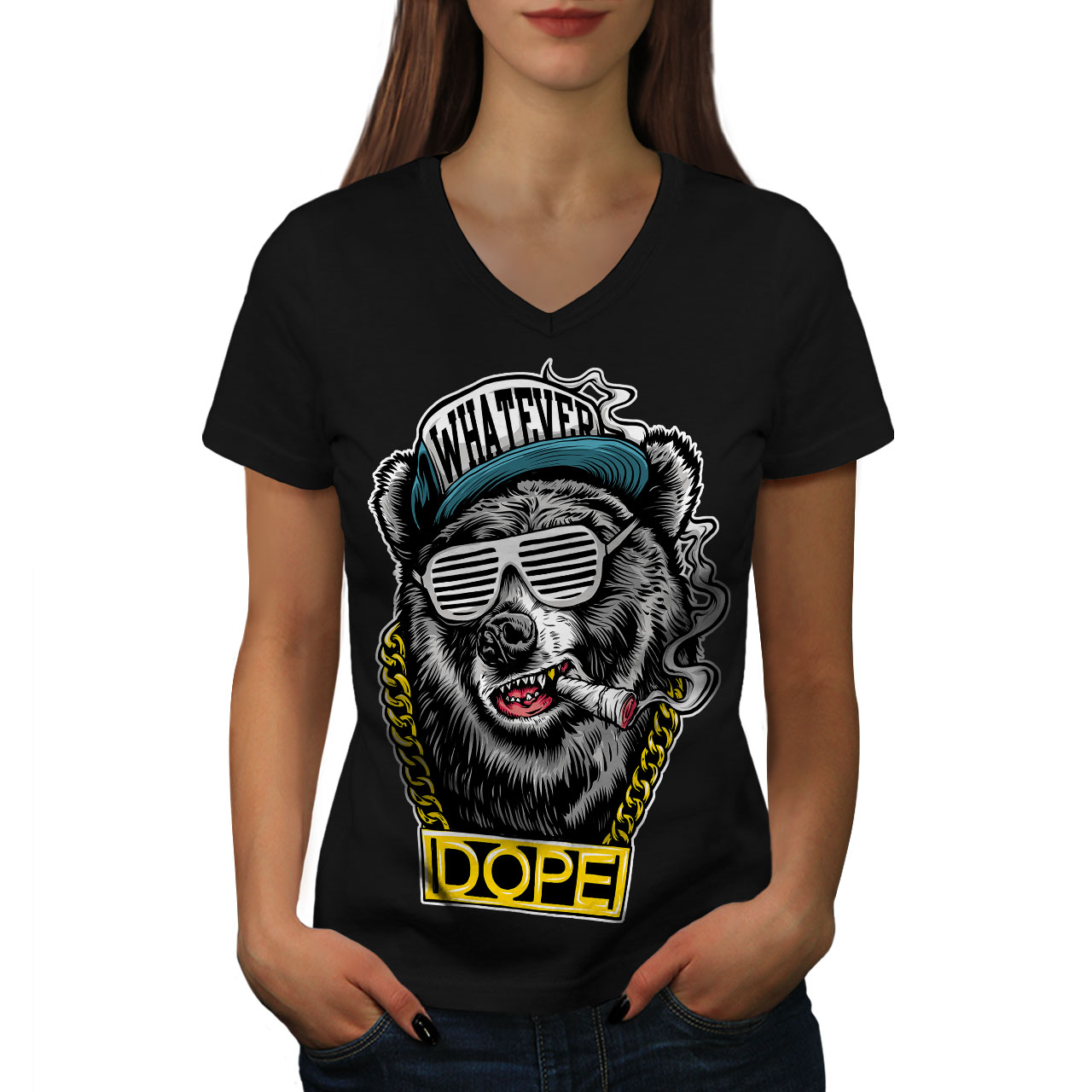 Wellcoda Chain Swag Bear Fashion Womens VNeck Tshirt, Graphic Design
