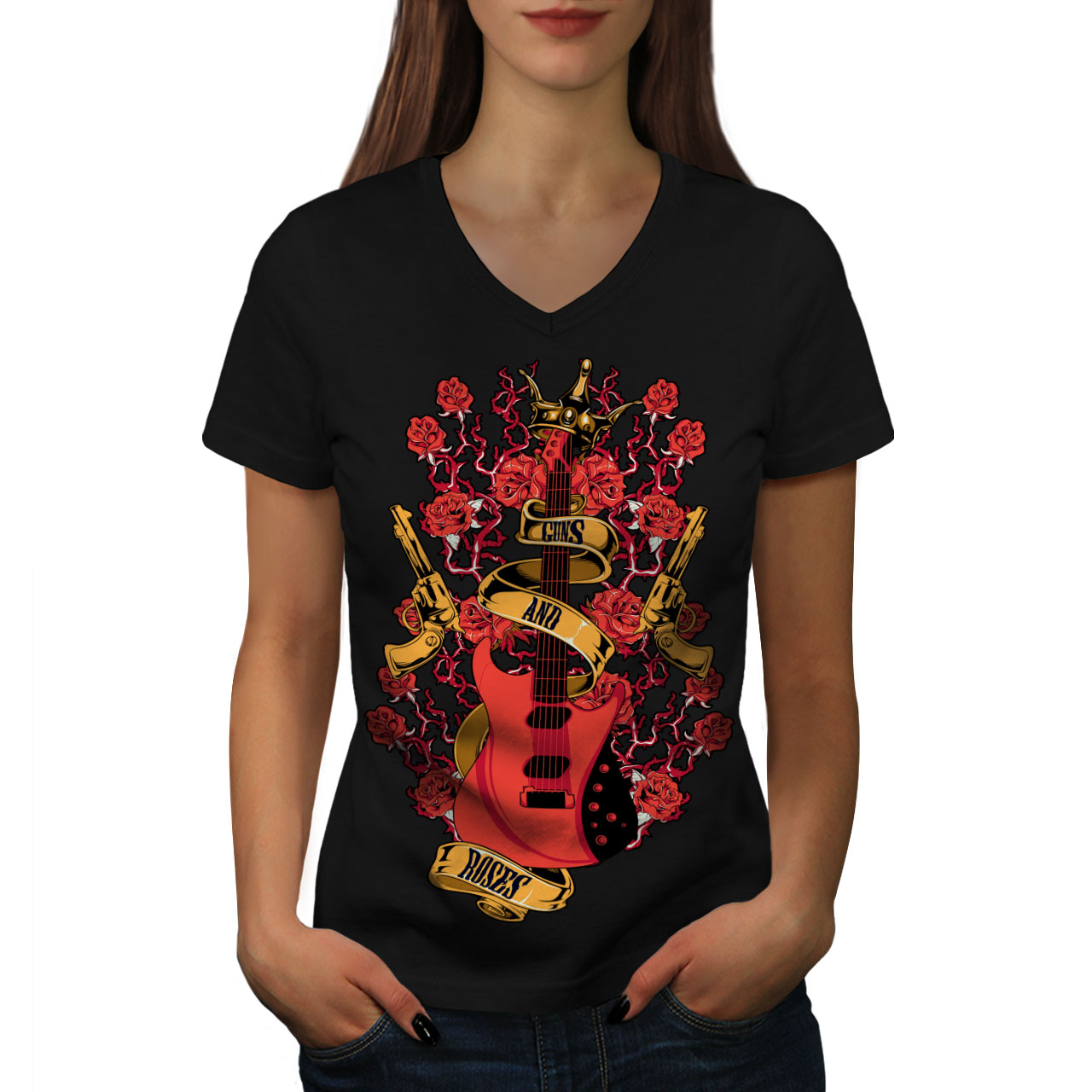 Wellcoda Roses and Guns Rock Damen-T-Shirt V-Ausschnitt, Band Grafik Design  T-Sh