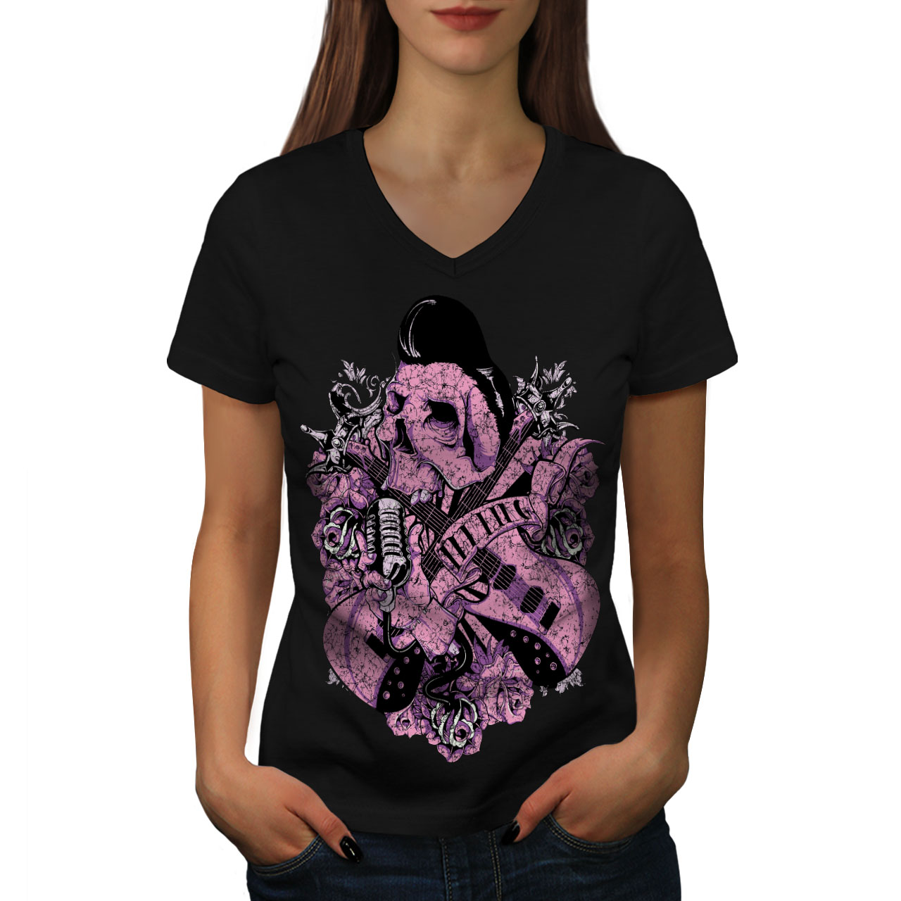 Rock n roll skull musique Femmes Femmes Femmes T-Shirt col V nouveau dd559f Rock n roll skull musique Femmes Femmes Femmes T-Shirt col V nouveau dd559f