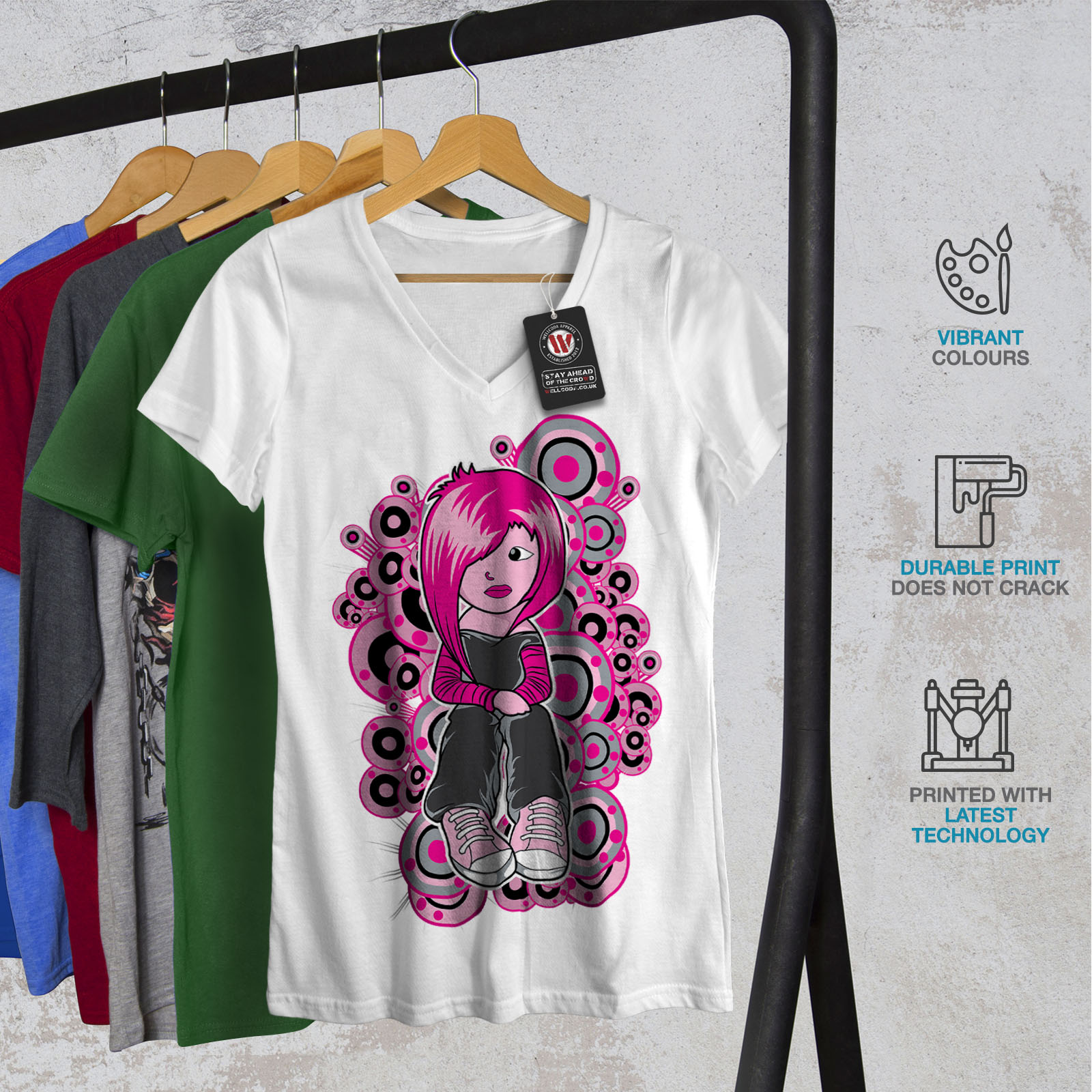 Wellcoda Cute Emo Girl Cool Music Womens V Neck T Shirt Emo Graphic Design Tee Ebay