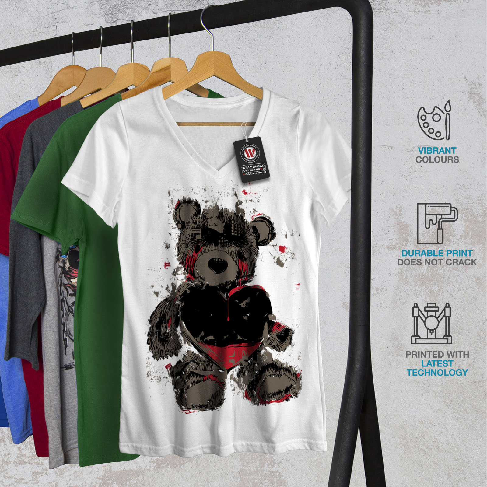 Herrenmode Blood Graphic Design Tee Wellcoda Teddy Bear Love Hurt Womens V Neck T Shirt Kleidung Accessoires Thelanguagemall Org