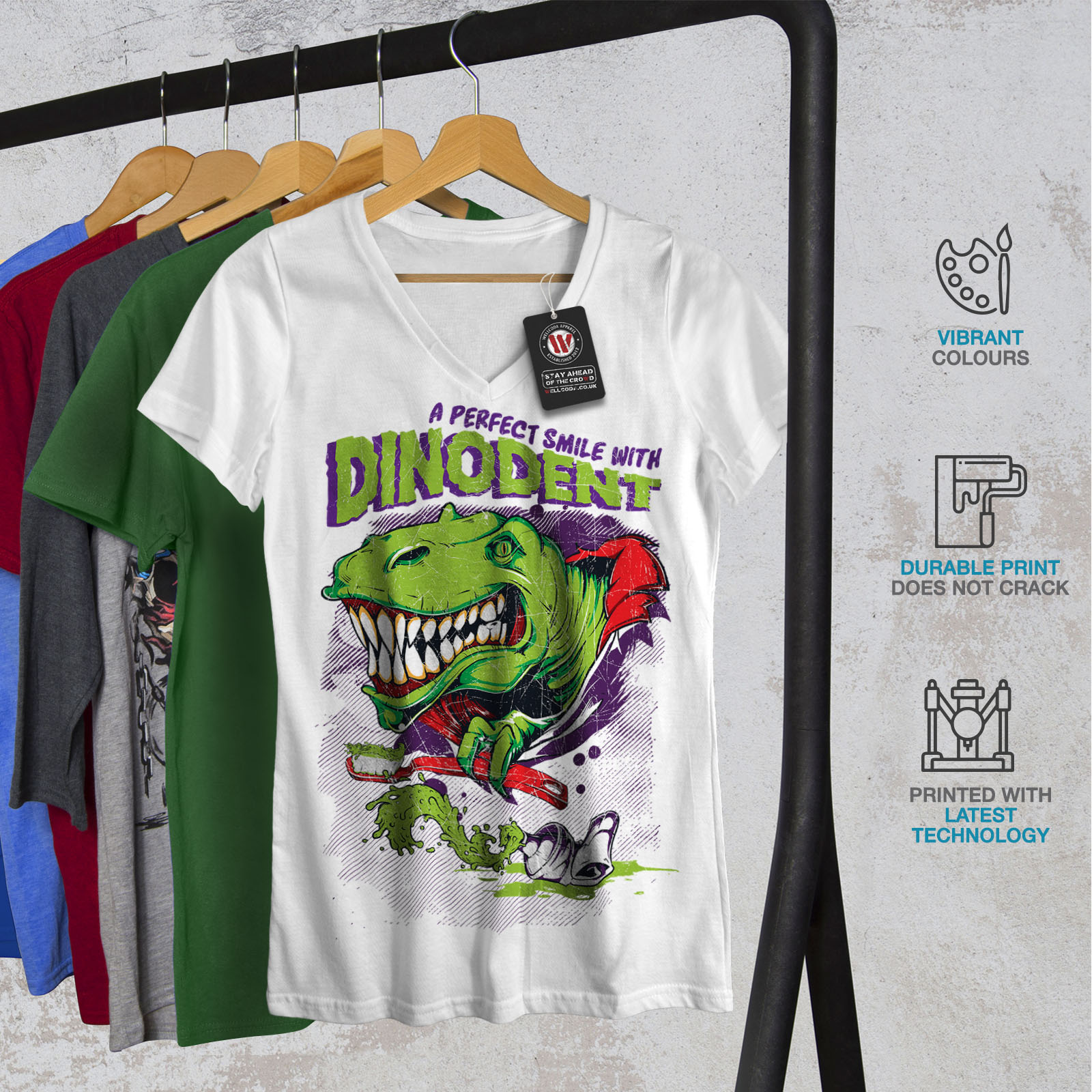 Download Wellcoda Dinosaur Smile Womens V-Neck T-shirt, Funny Dino ...