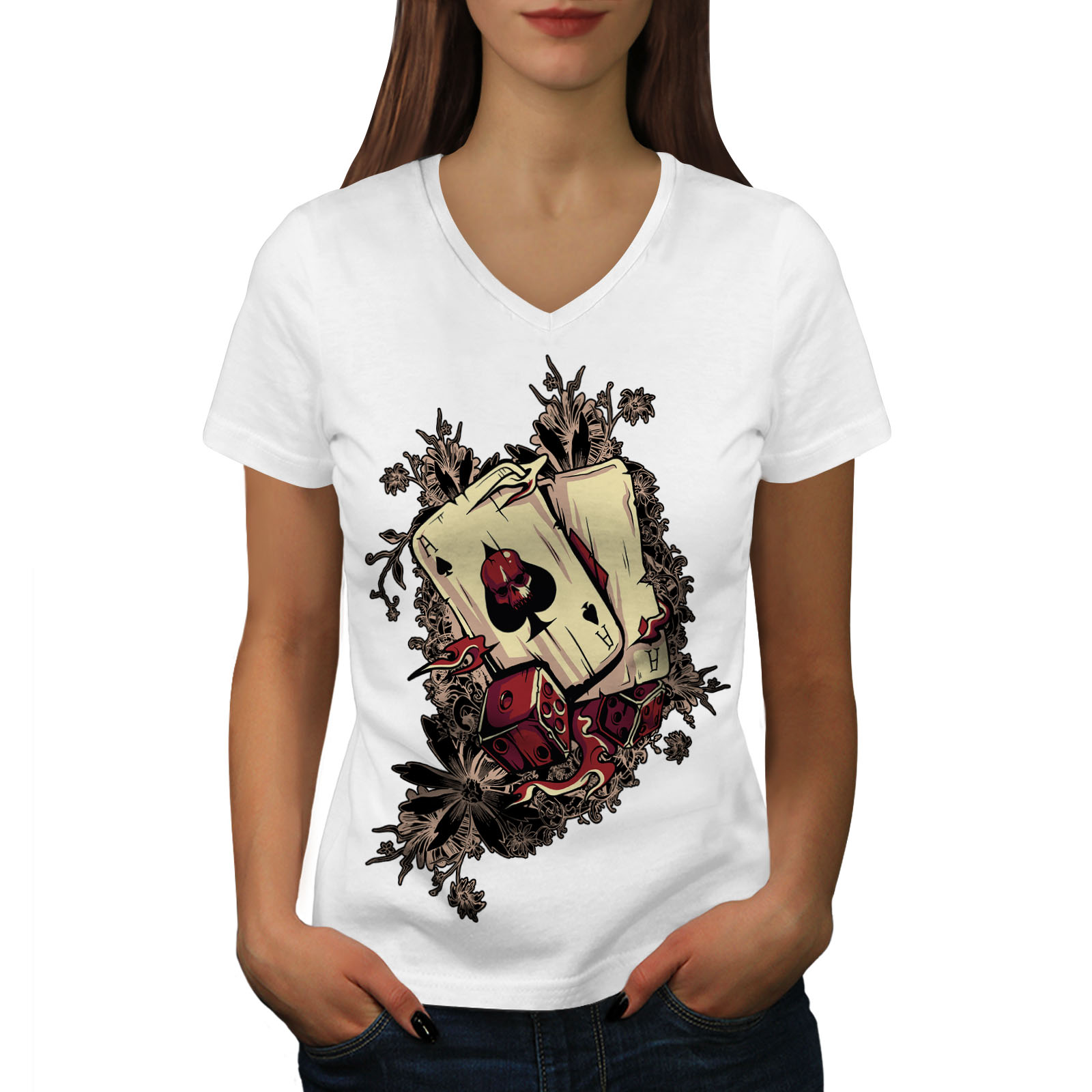 Wellcoda Gamble Poker Player Womens VNeck Tshirt, Ace Graphic Design