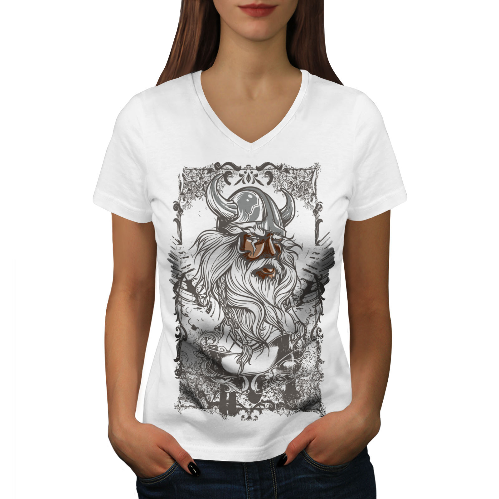 Wellcoda North Warrior Viking Womens V Neck T shirt Nordic