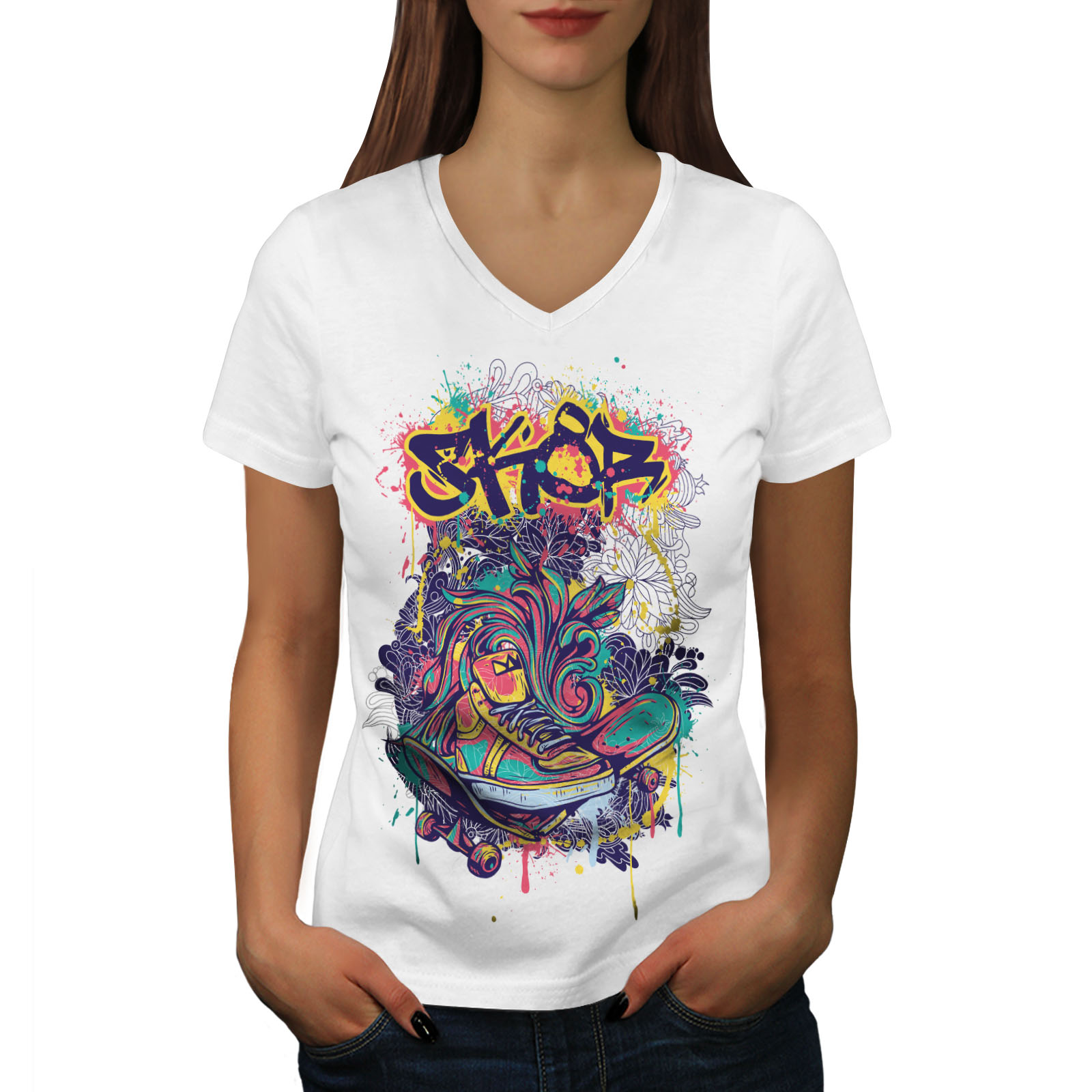 Wellcoda Fashion Graffiti Street Womens V Neck T shirt Urban Graphic 