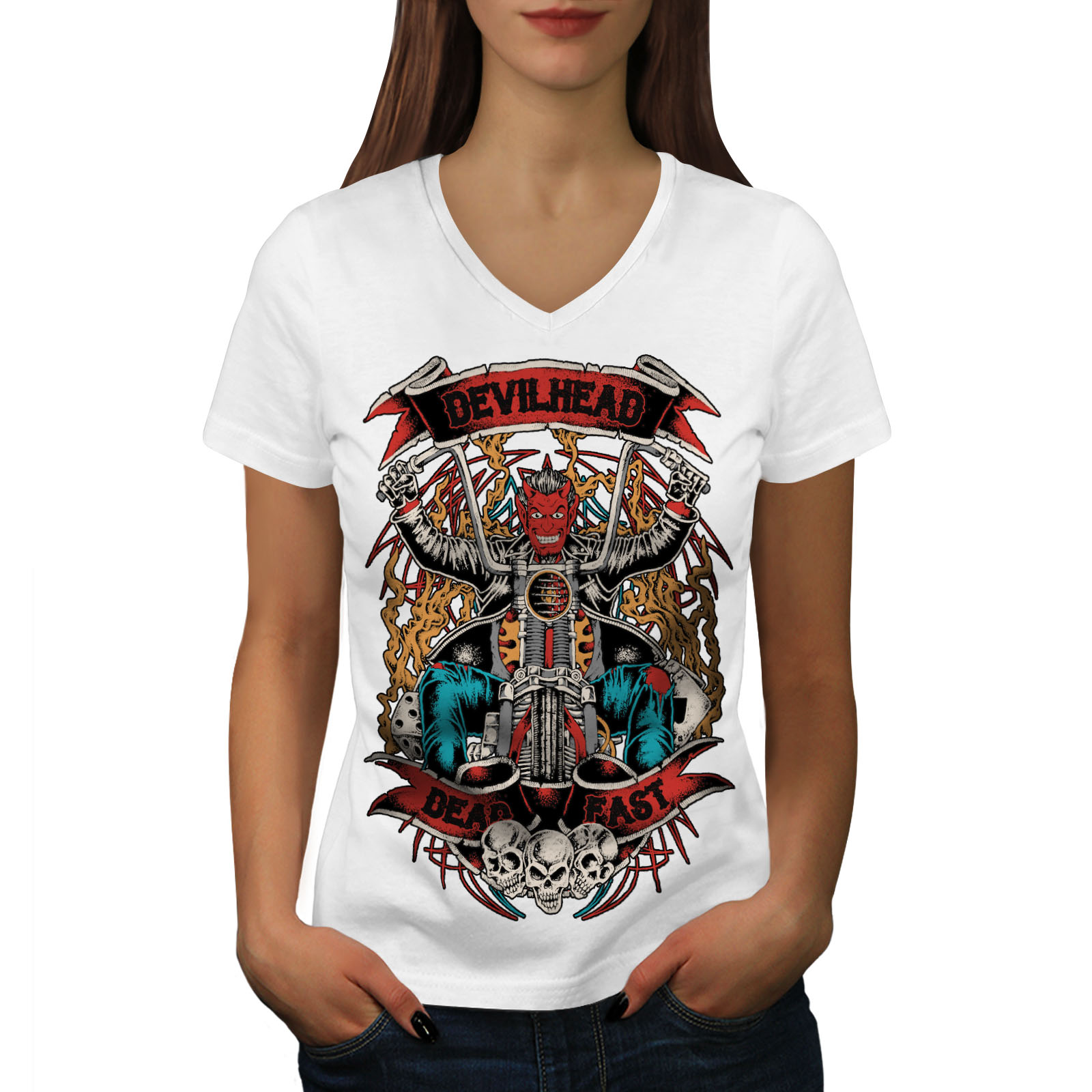 Wellcoda Devil Head Satan Biker Womens V-Neck T-shirt, Dead Graphic ...