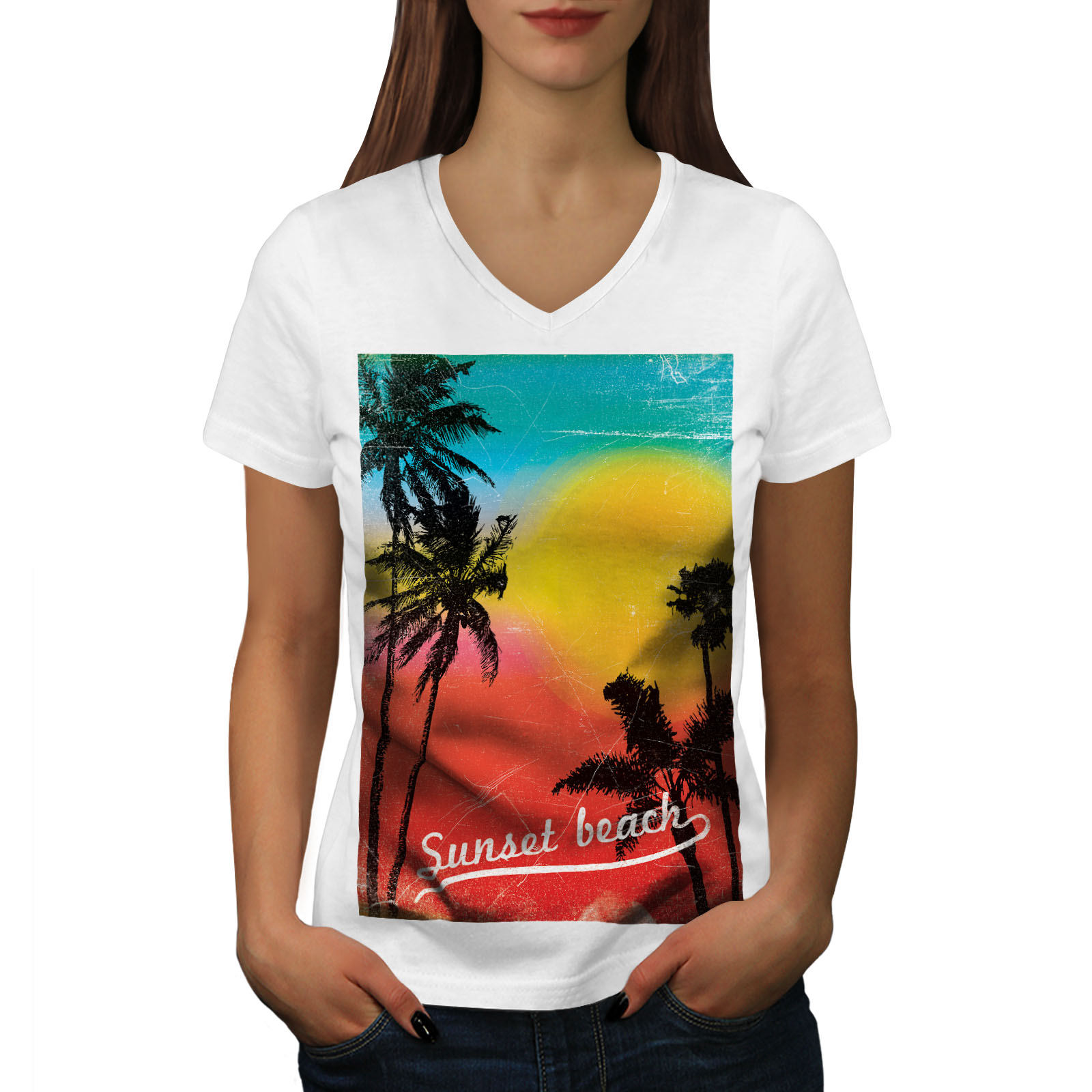 Wellcoda Sunset Wild Sea Womens V-Neck T-shirt, Summer Graphic Design ...