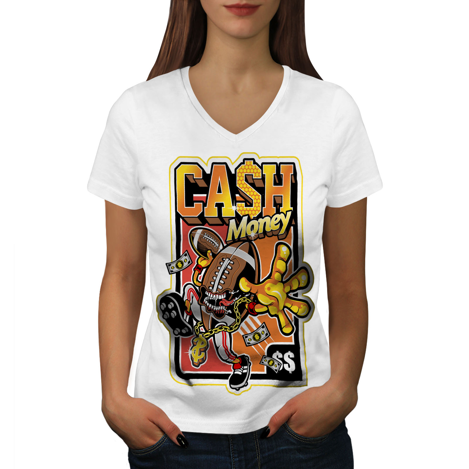 Download Wellcoda Cash Money Gym Cool Womens V-Neck T-shirt, Football Graphic Design Tee | eBay