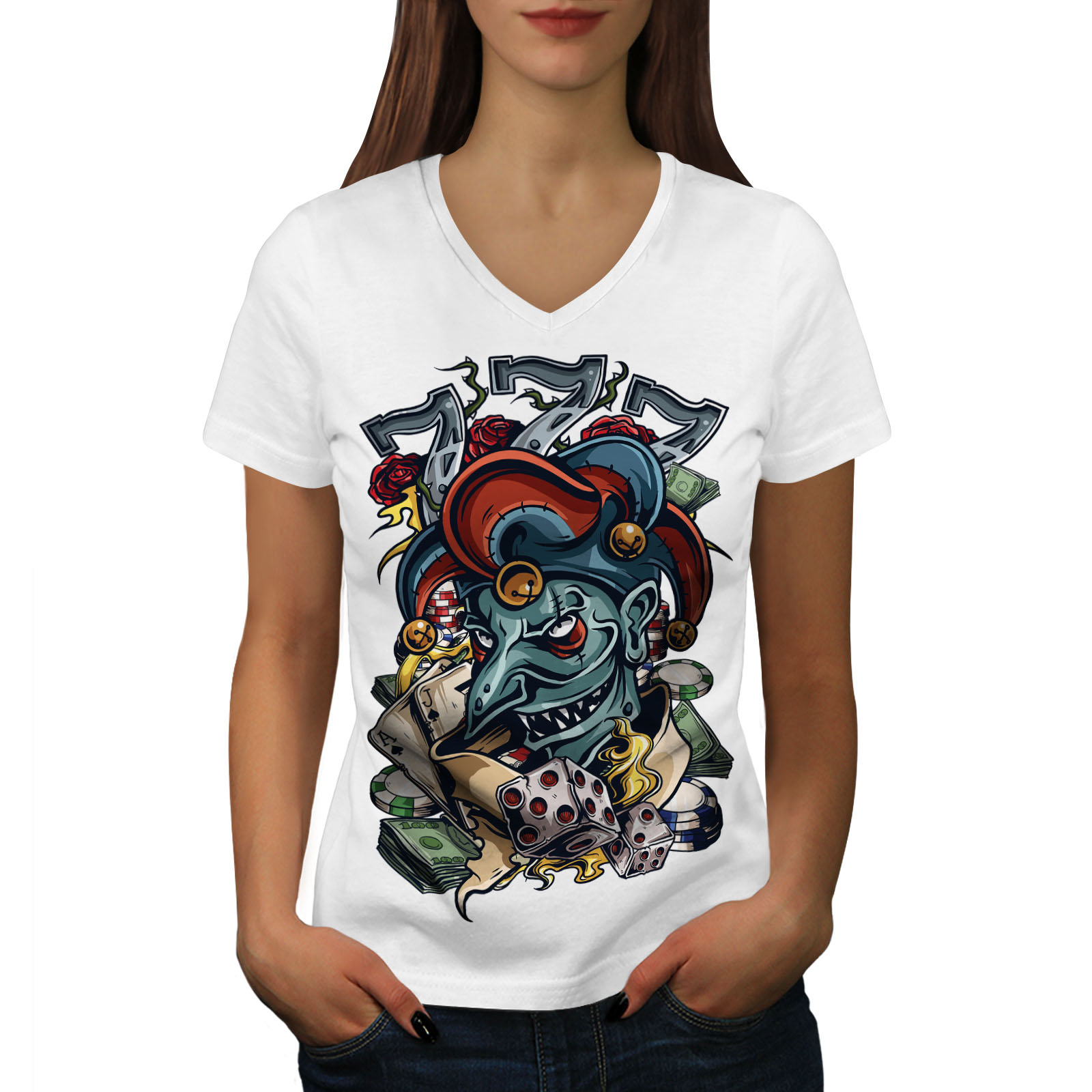 Wellcoda Clown Dice Poker Horror Womens V-Neck T-shirt Graphic Design Tee 