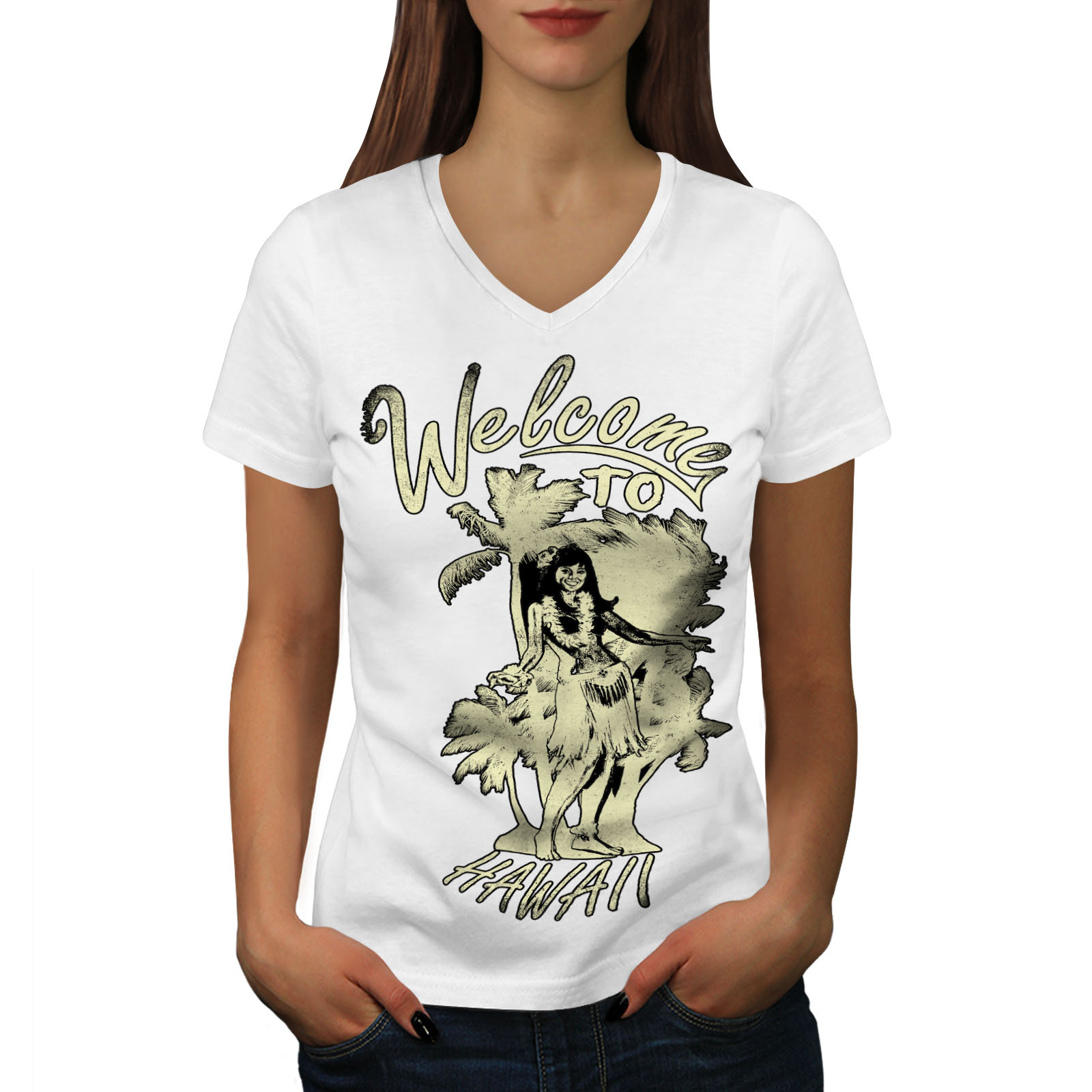 Wellcoda Welcome Hawaii Holiday Womens V-Neck T-shirt, Beach Graphic