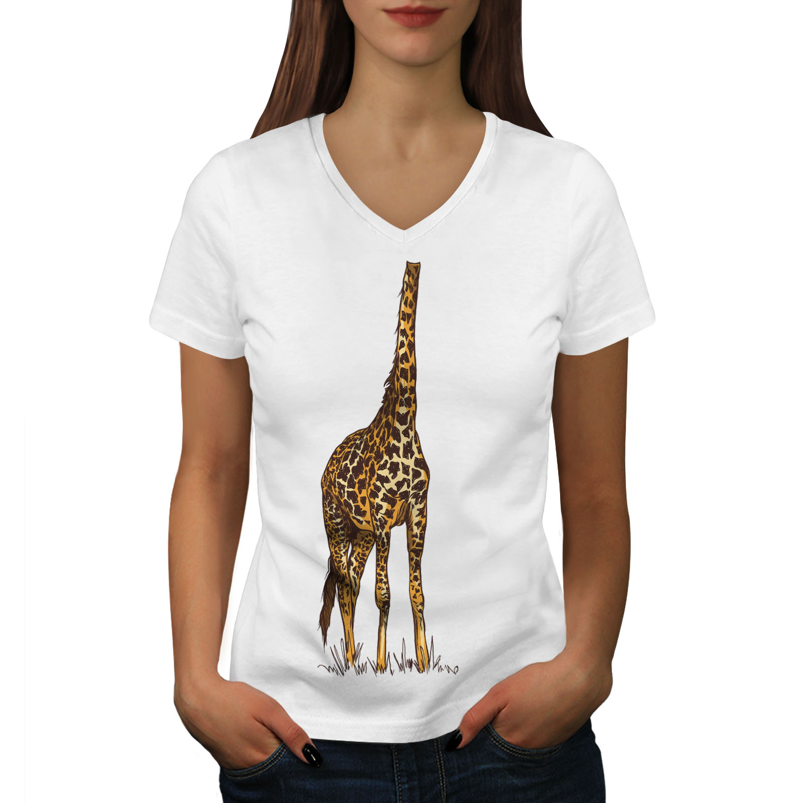 Wellcoda Funny Tall Giraffe Human Womens V-Neck T-shirt, Graphic Design ...