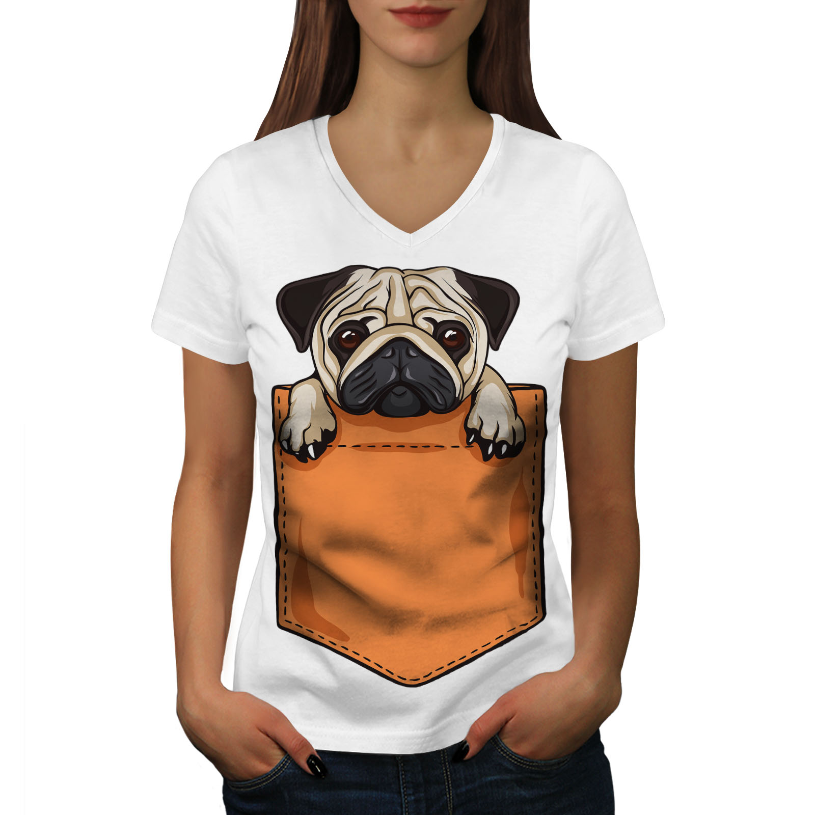 Wellcoda Pug Puppy in Pocket Womens V-Neck T-Shirt Cute Printed Design Tee 