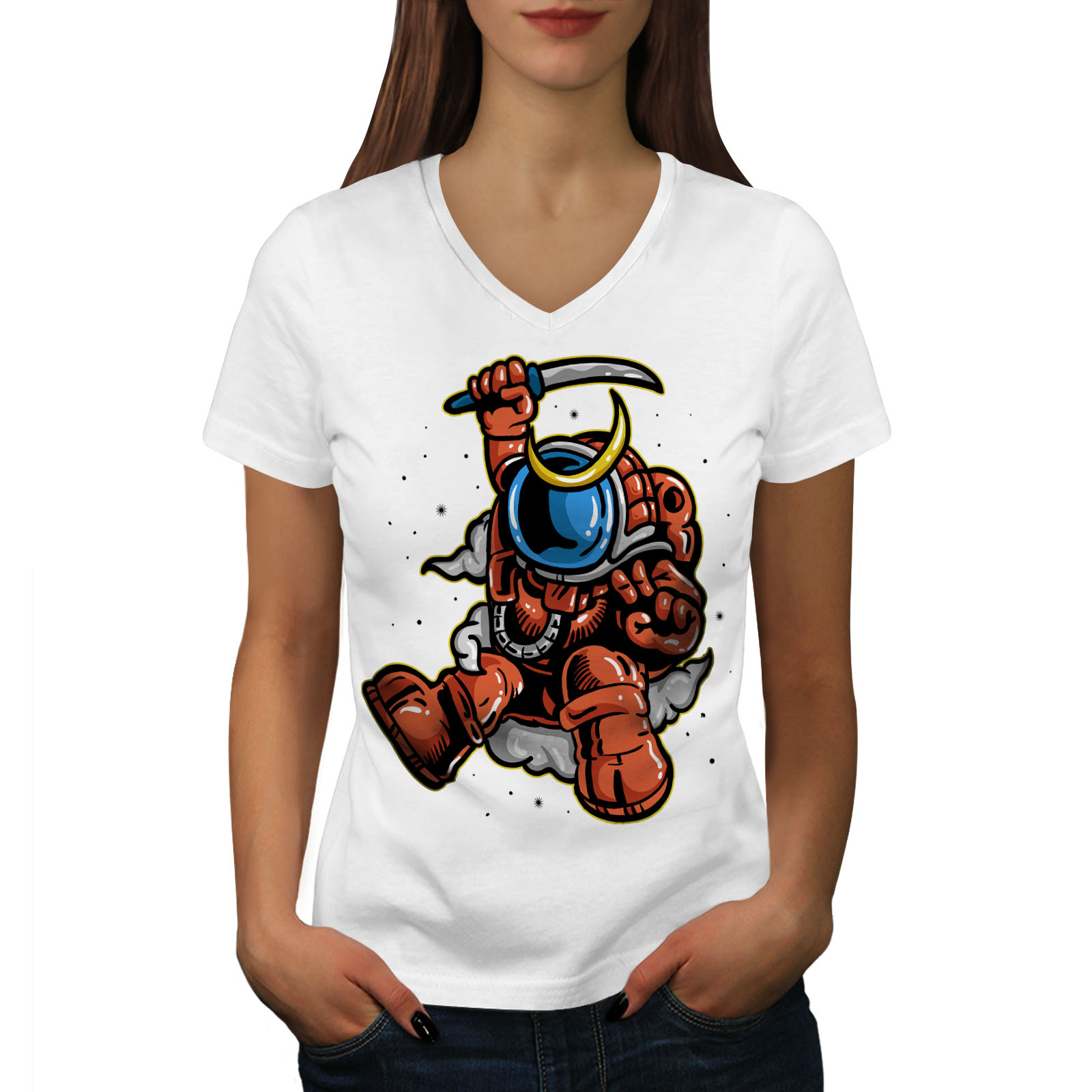Wellcoda Space Invaders Womens V-Neck T-shirt, Cosmos Graphic Design ...