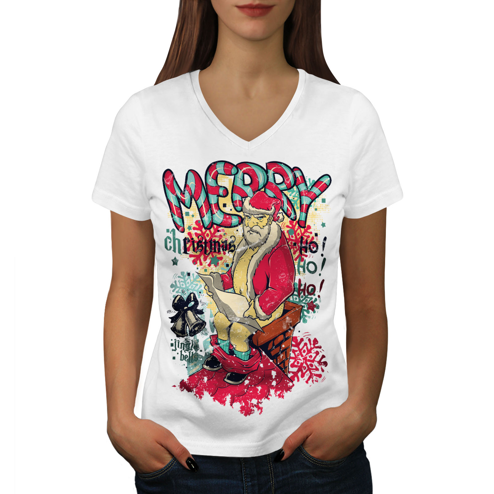 Download Wellcoda Christmas Santa Funny Womens V-Neck T-shirt, Xmas Graphic Design Tee | eBay