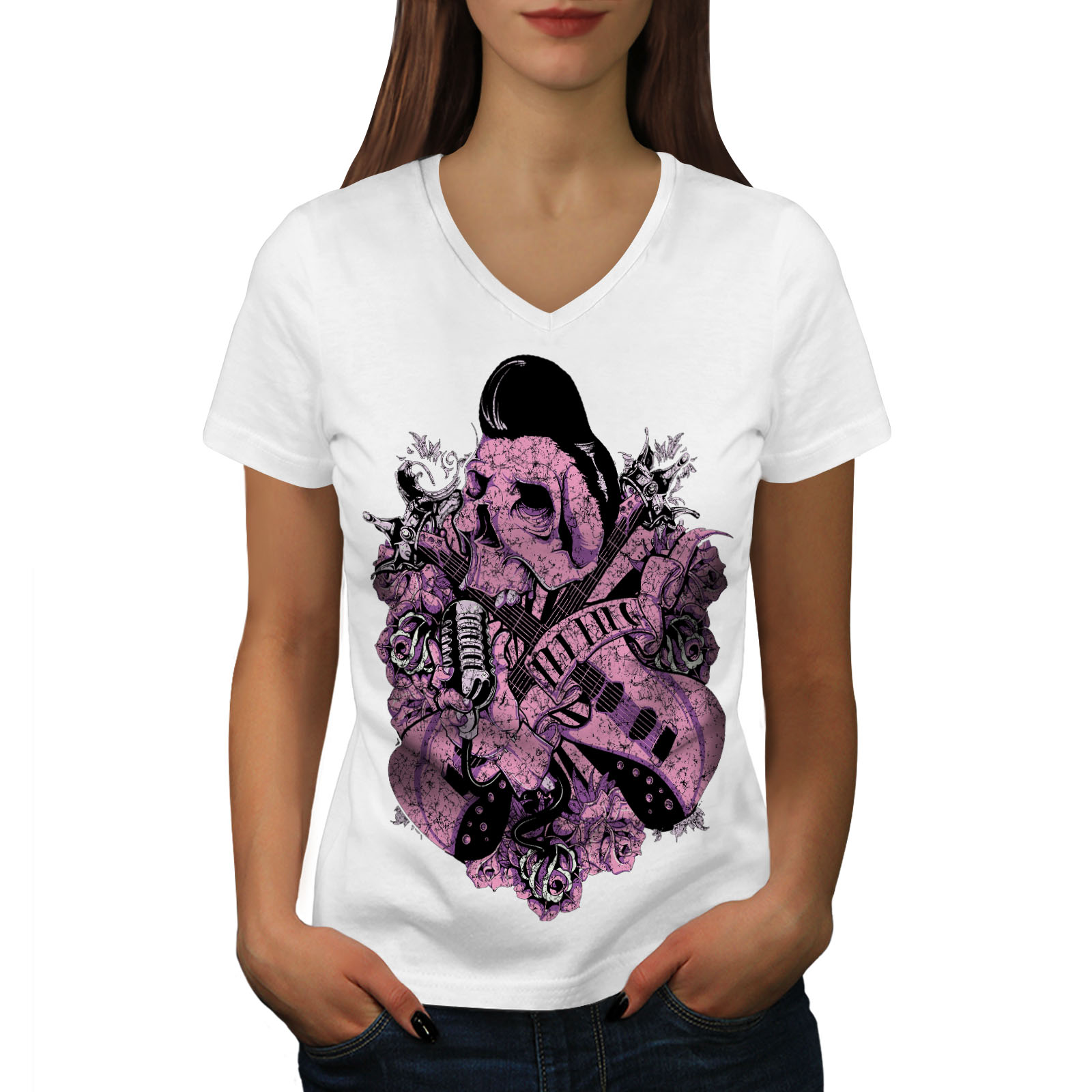 Rock n roll skull musique Femmes Femmes Femmes T-Shirt col V nouveau dd559f Rock n roll skull musique Femmes Femmes Femmes T-Shirt col V nouveau dd559f