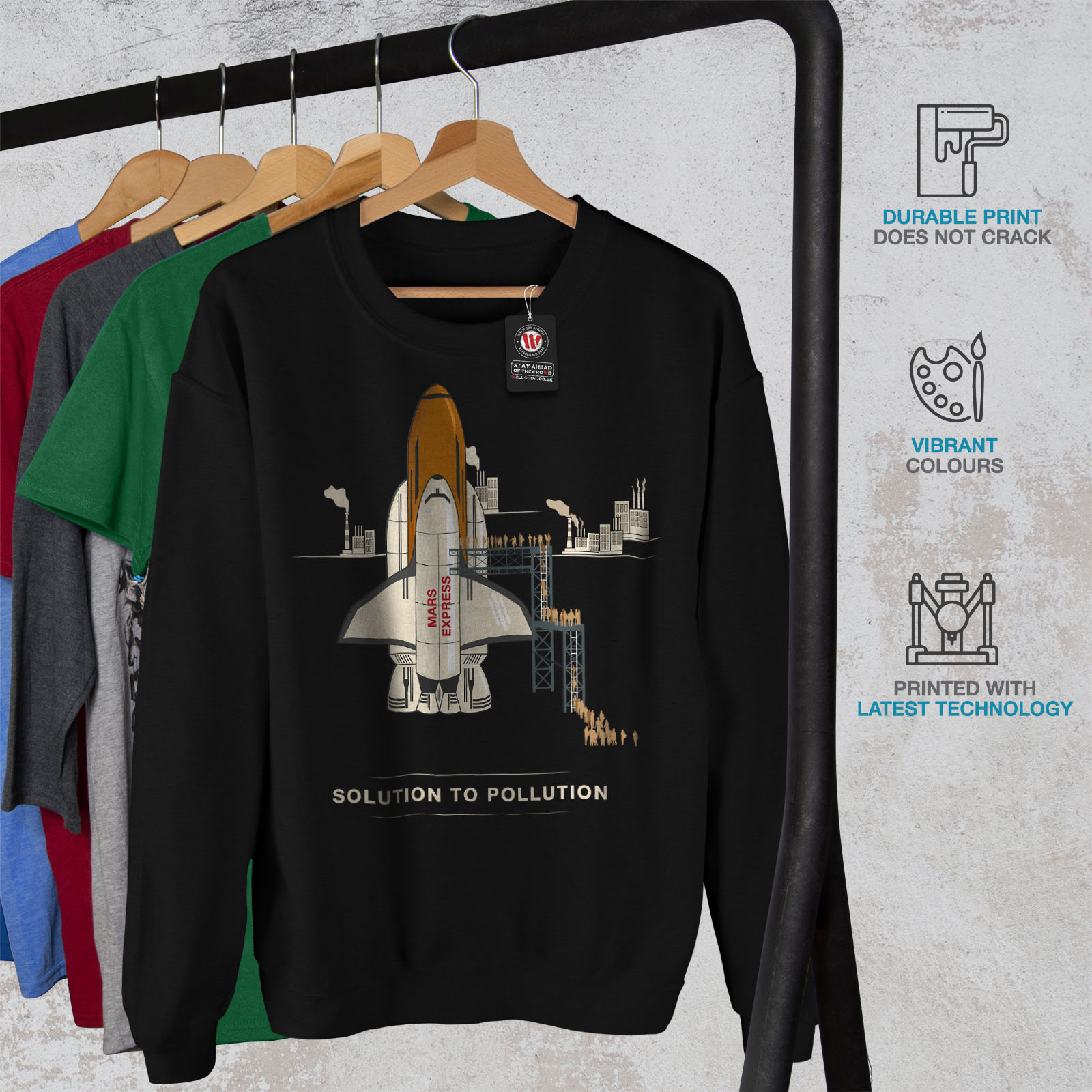 Solution Pollution Jumper da Felpa To Mars uomo Casual Black Pullover Wellcoda FqTpOfp