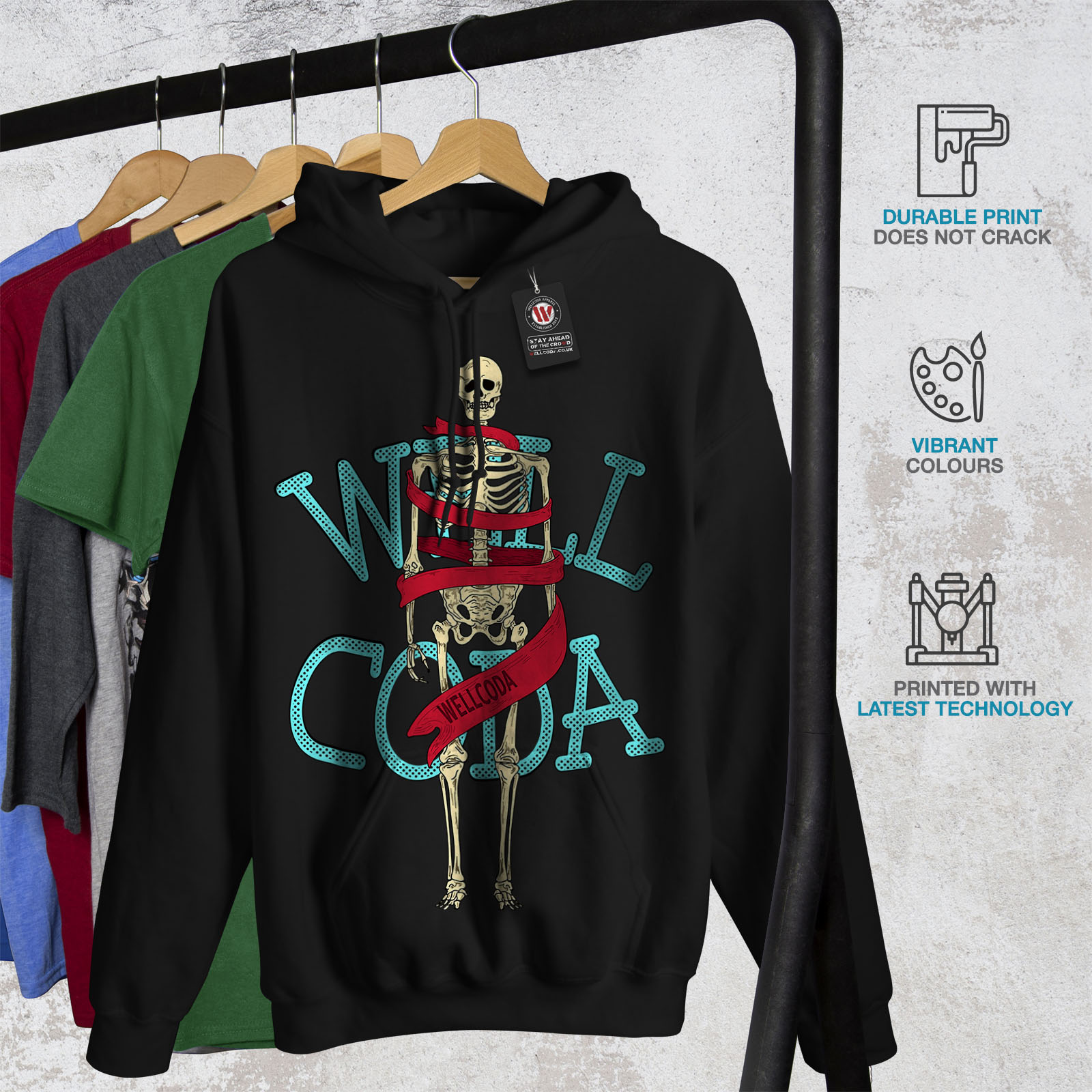 nera da casual uomo Anatomy Felpa Wellcoda moda Felpa con cappuccio Skeleton vdqSvw