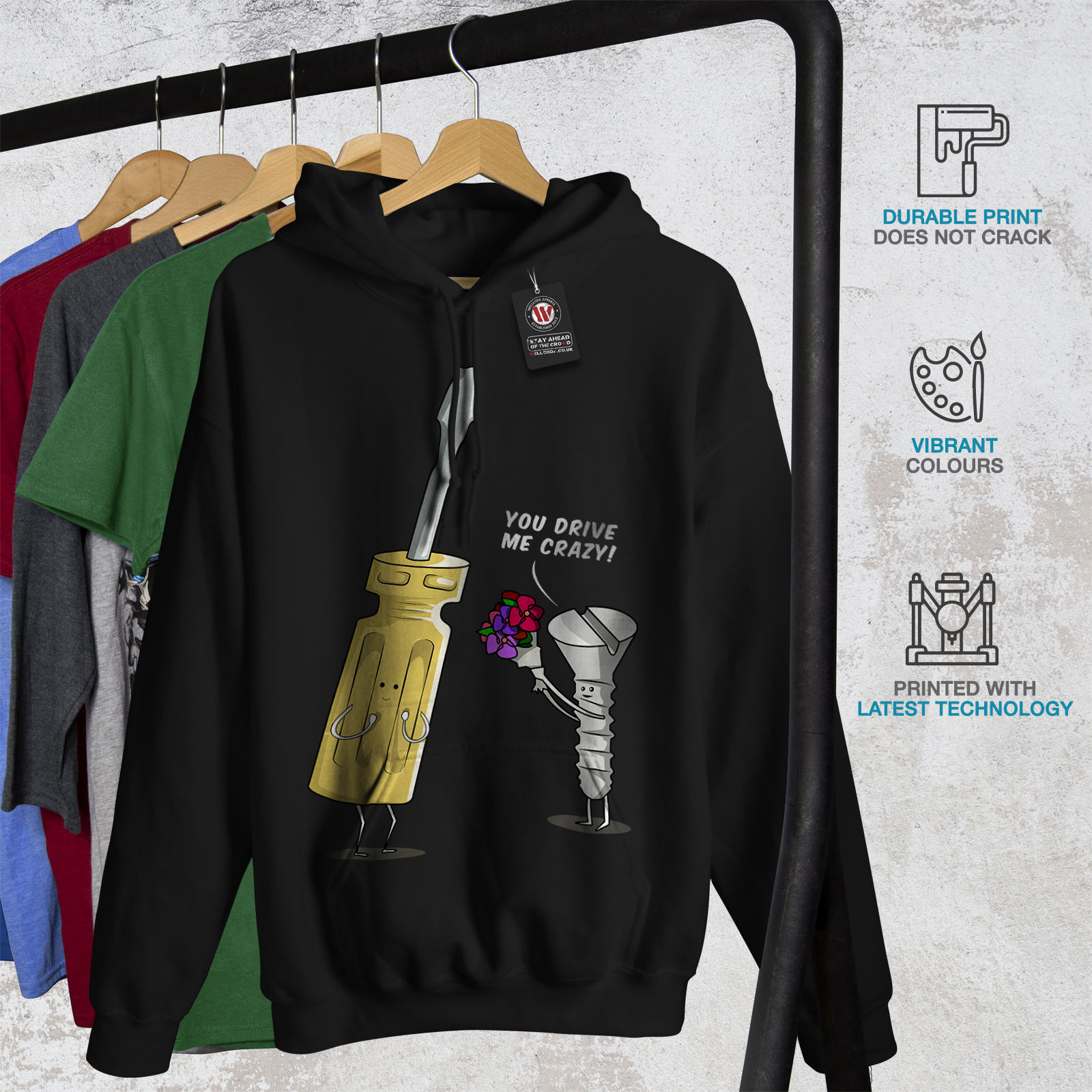 Mens Felpa cappuccio con nera Love con Casual Crazy Screwdriver cappuccio Wellcoda Felpa SqgtEwxag