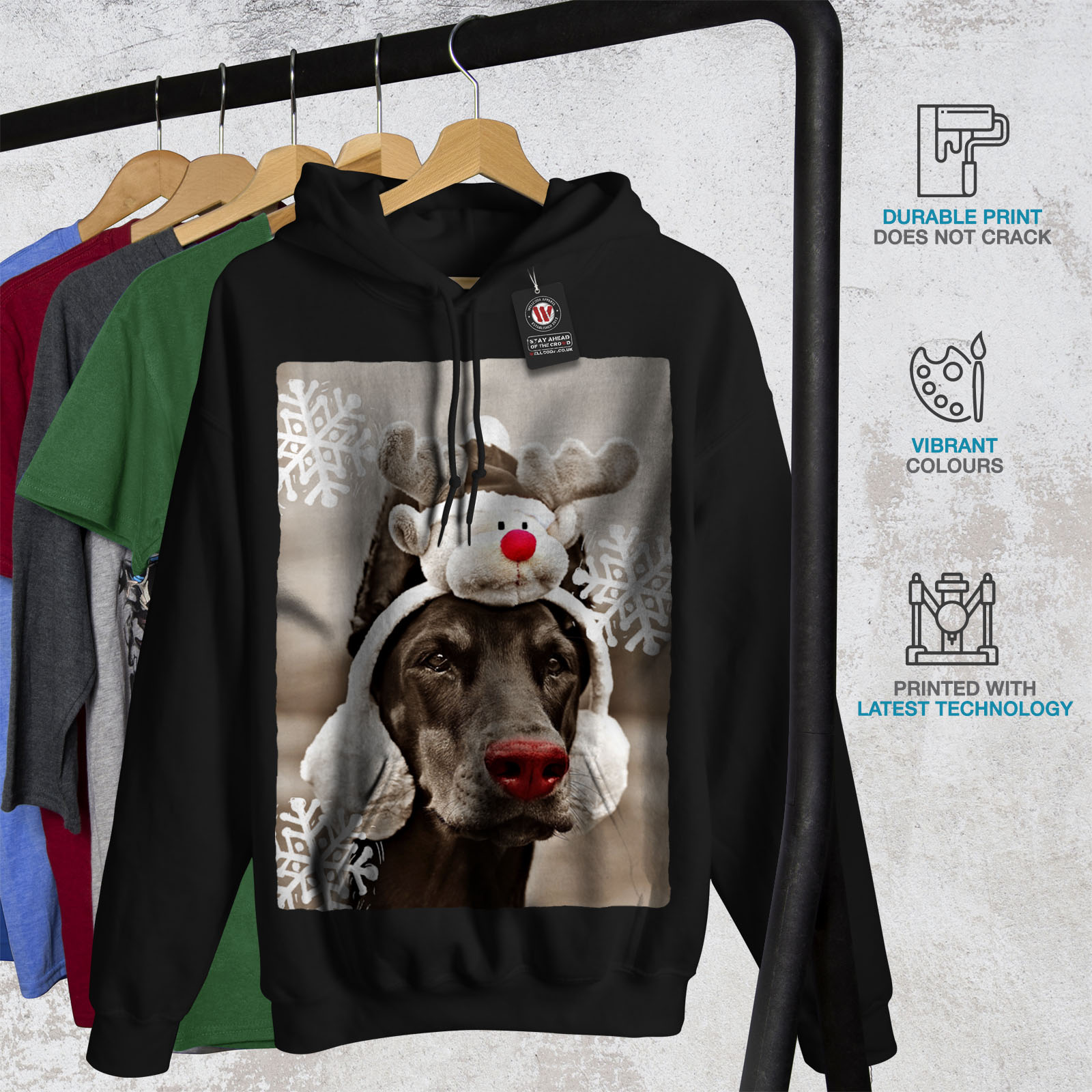 Wellcoda Funny Dog Deer Mens Hoodie, Reindeer Casual Hooded Sweatshirt