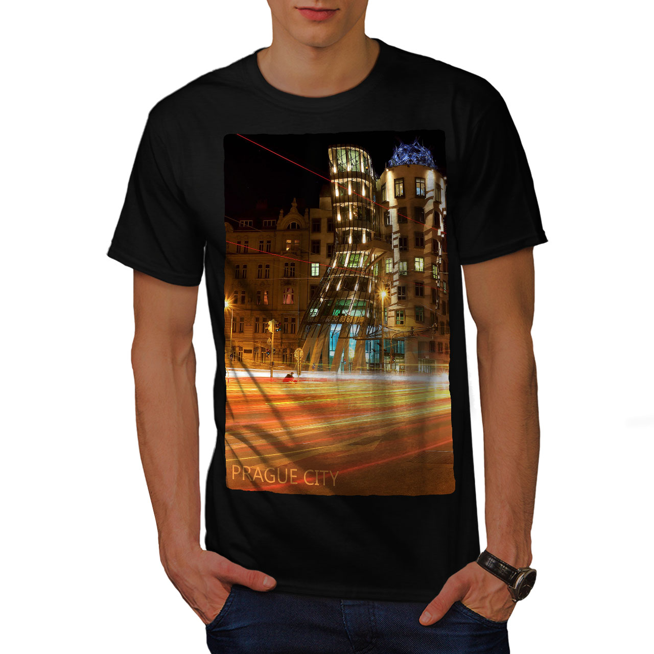 Wellcoda Building Art Prague Mens T-shirt, Prague Graphic Design Printed Tee