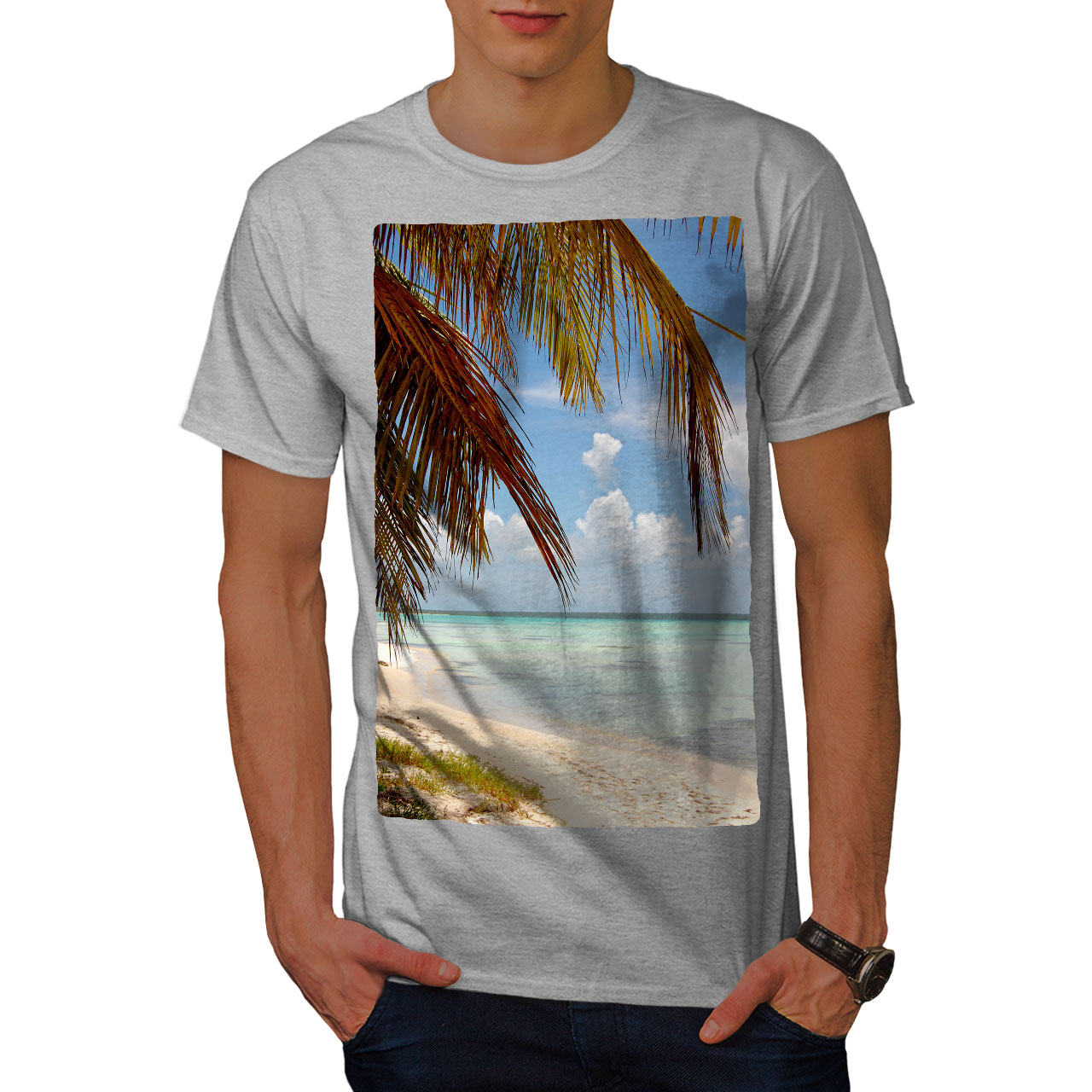 Wellcoda Sunny Sandy Beach Mens T-shirt, Palm Trees Graphic Design ...