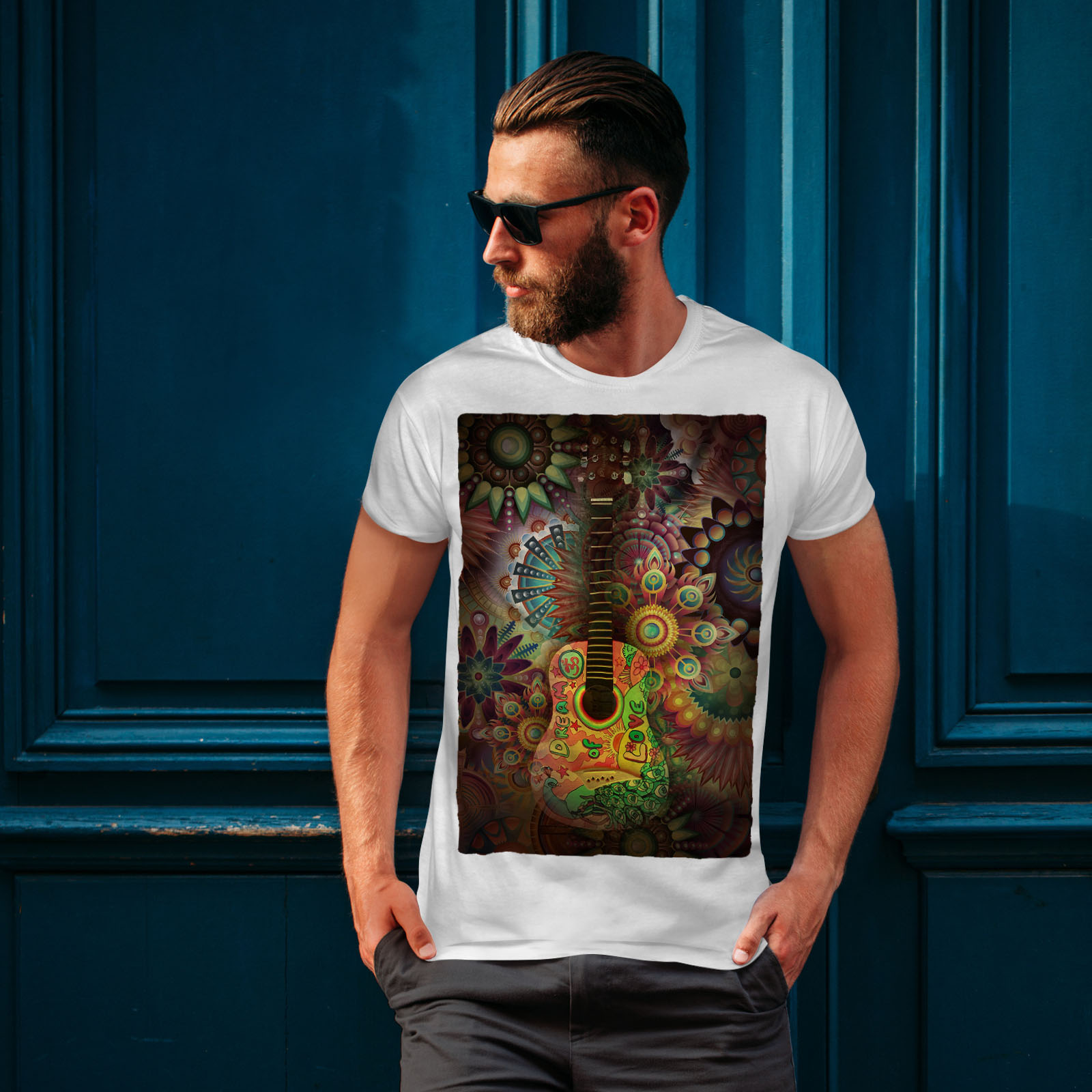 Wellcoda Colorful Guitar Mens Tshirt, Music Graphic Design Printed Tee